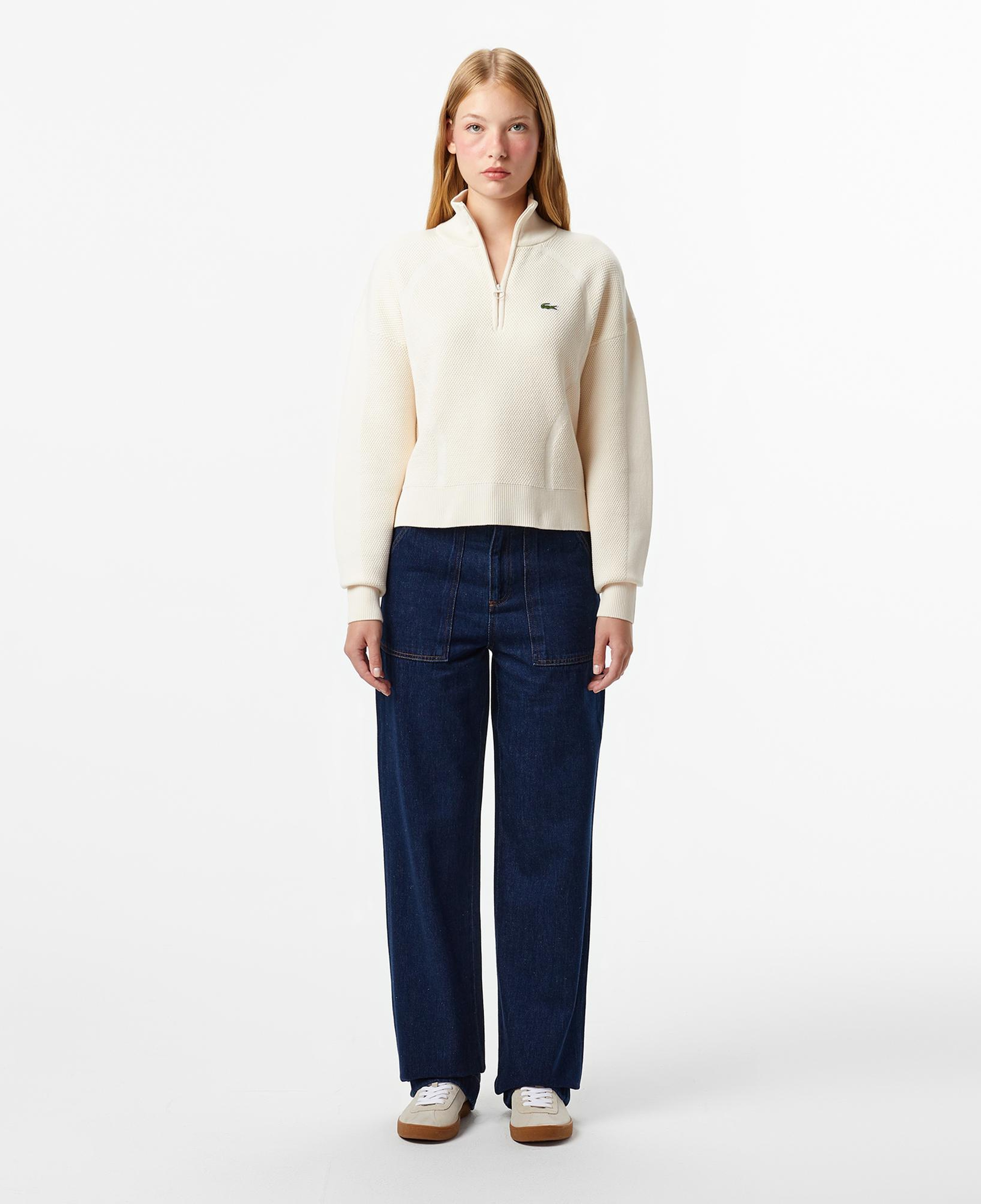 Lacoste Kadın Relaxed Fit Yarım Fermuarlı Krem Kazak