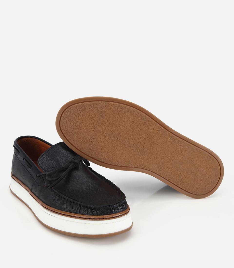 Erkek Deri Siyah Bağcık Detaylı Günlük Loafer