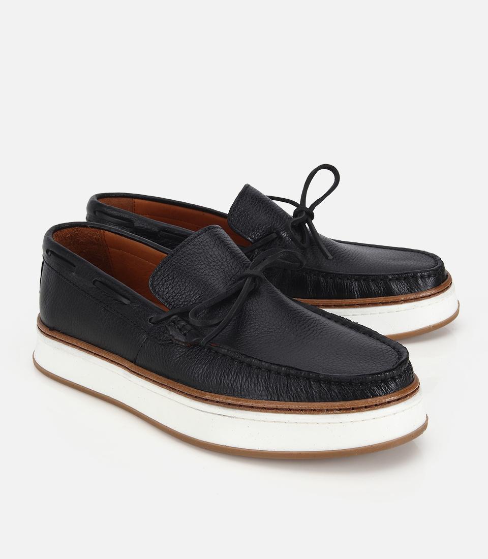 Erkek Deri Siyah Bağcık Detaylı Günlük Loafer