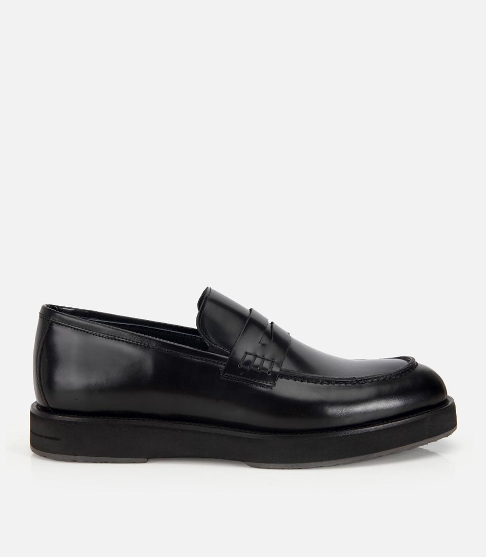 Erkek Açma Deri Siyah Kalın Tabanlı Klasik Loafer