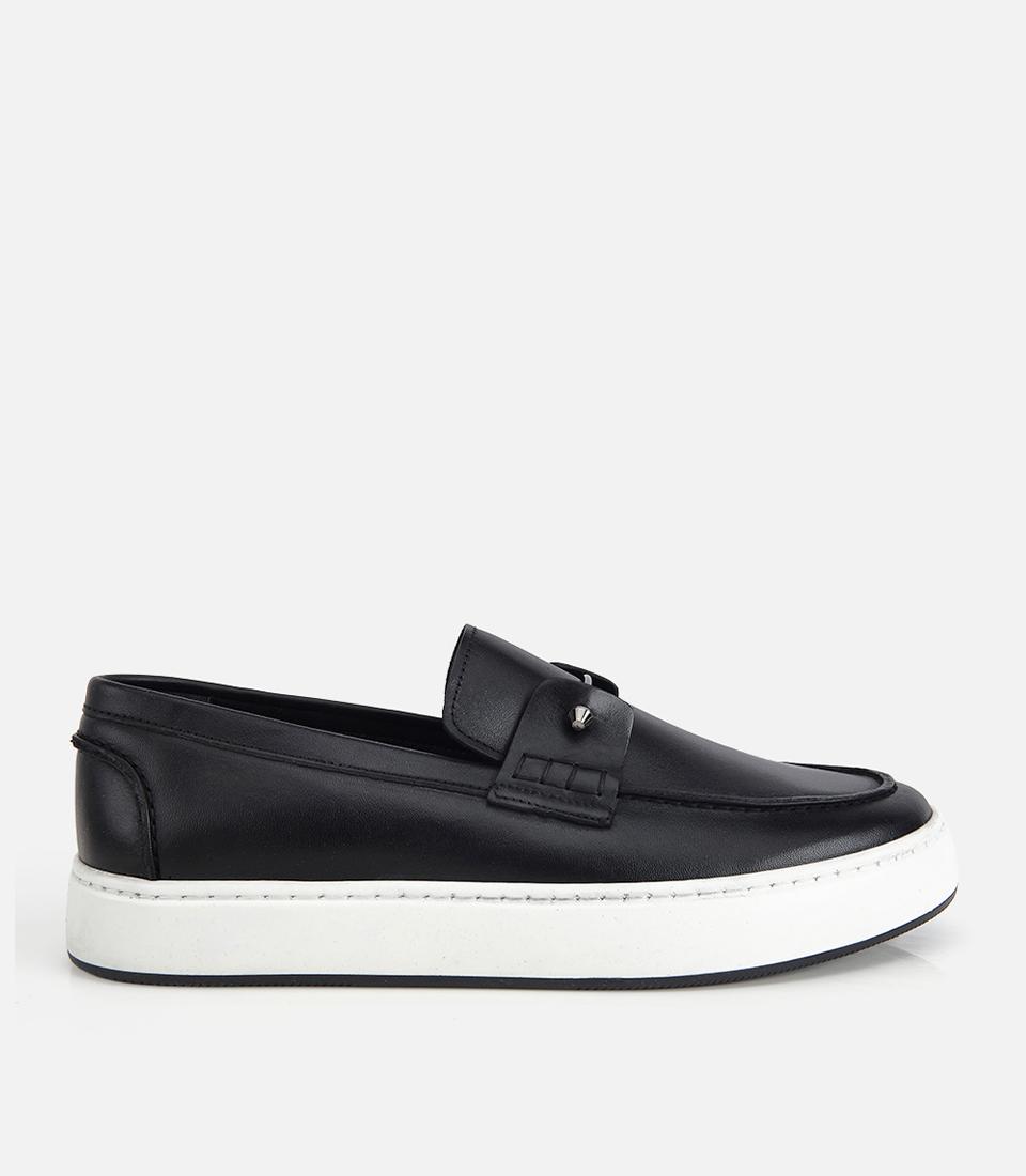 Erkek Deri Siyah Metal Detaylı Günlük Loafer