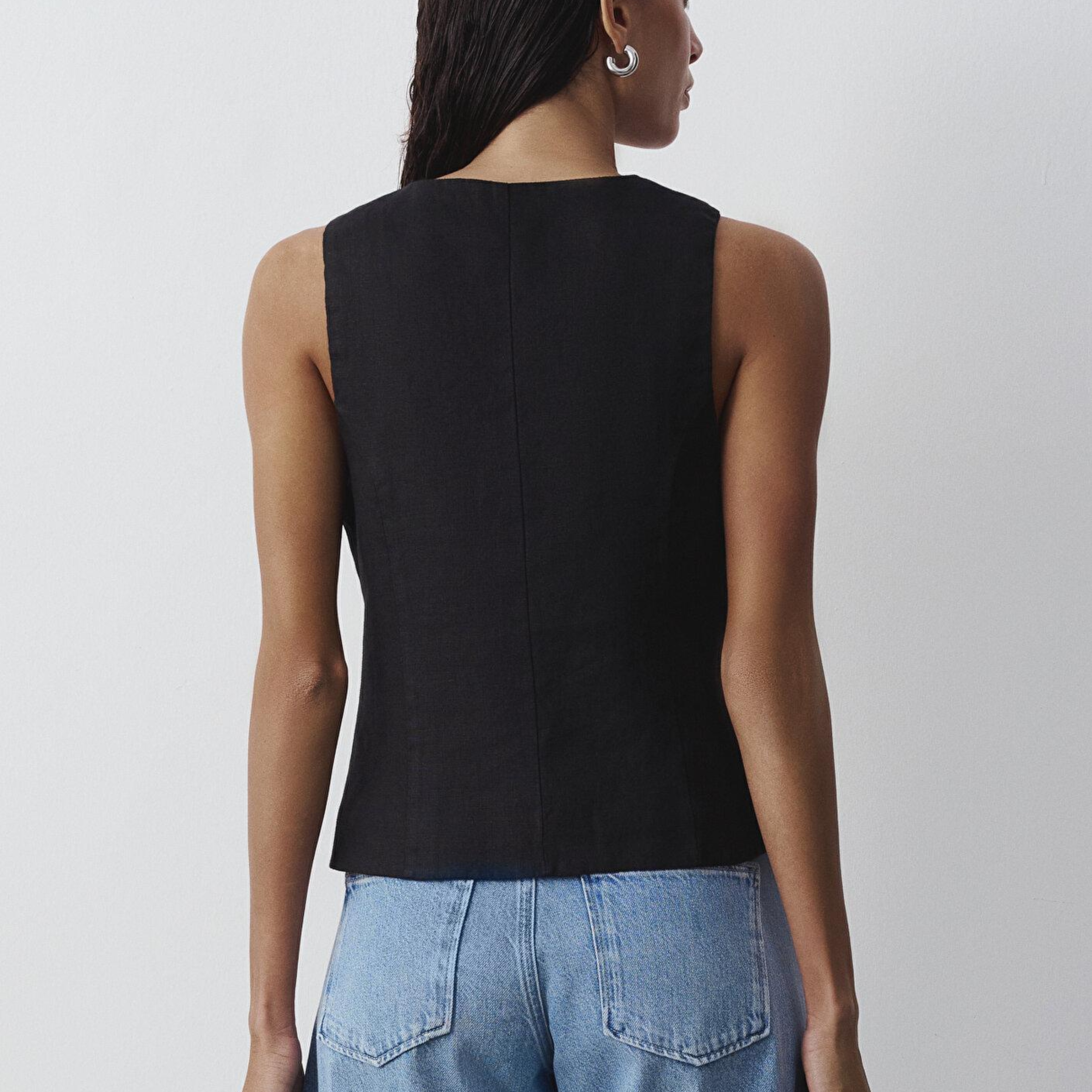 Mavi Siyah Keten Yelek Slim Fit / Dar Kesim 1110843-900
