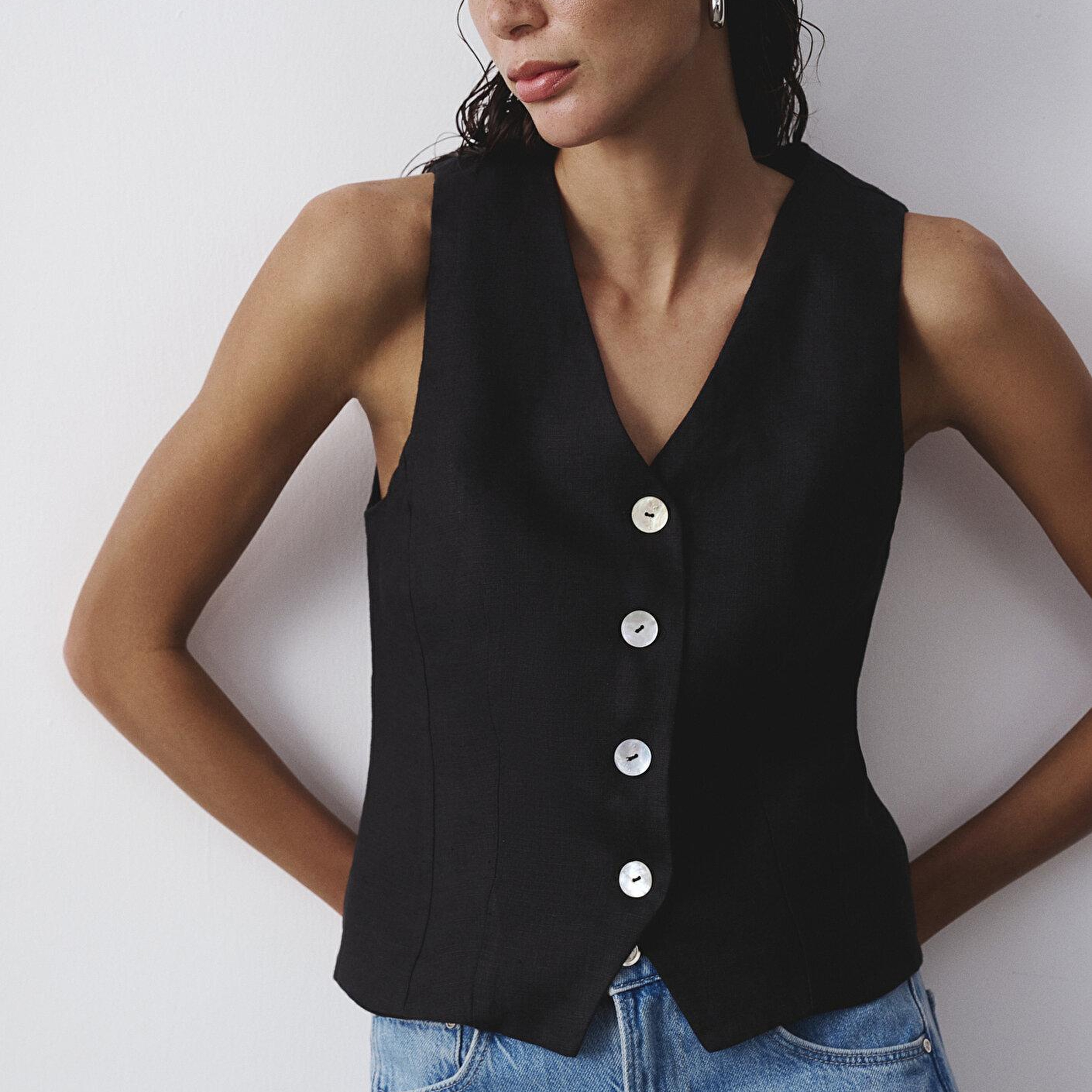 Mavi Siyah Keten Yelek Slim Fit / Dar Kesim 1110843-900