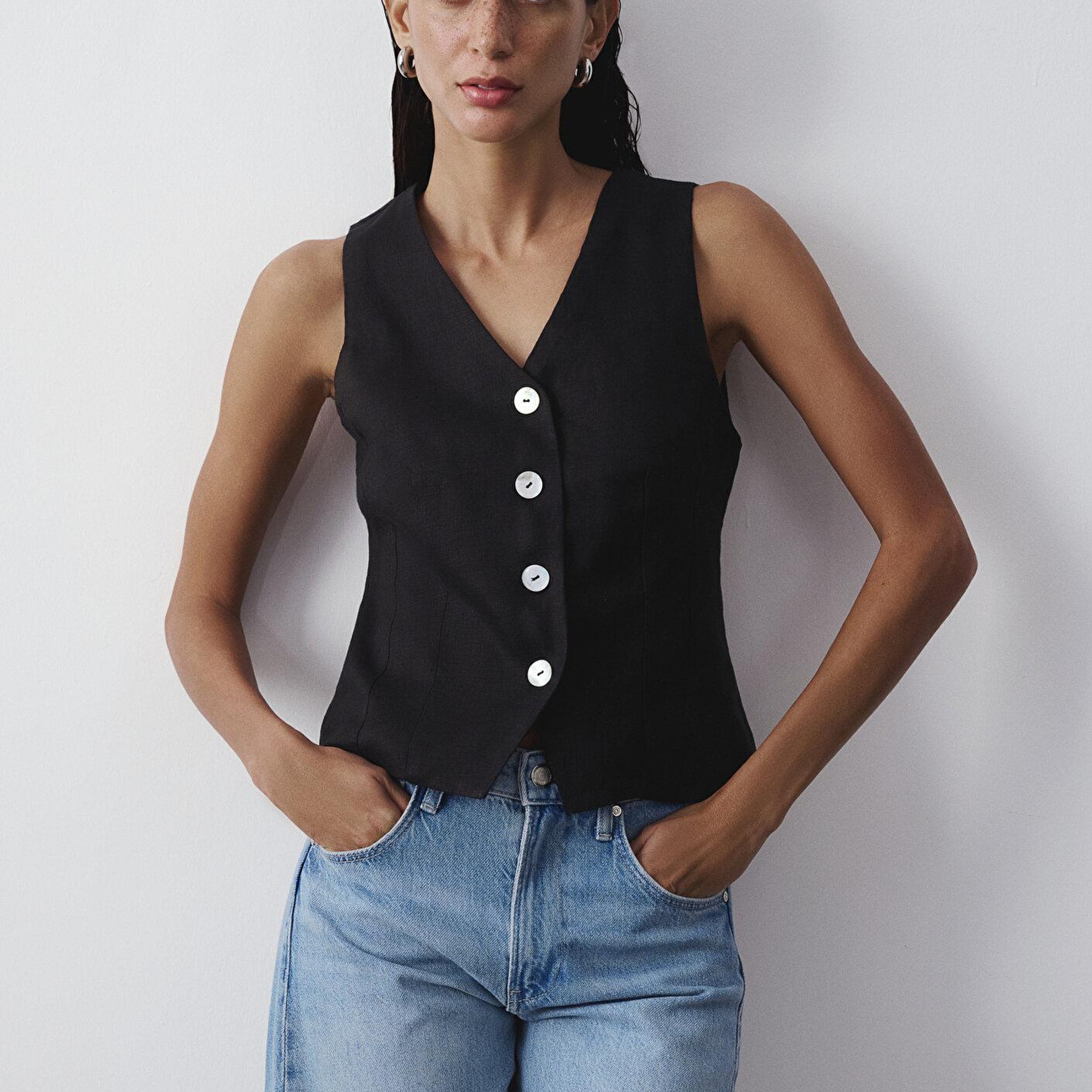 Mavi Siyah Keten Yelek Slim Fit / Dar Kesim 1110843-900