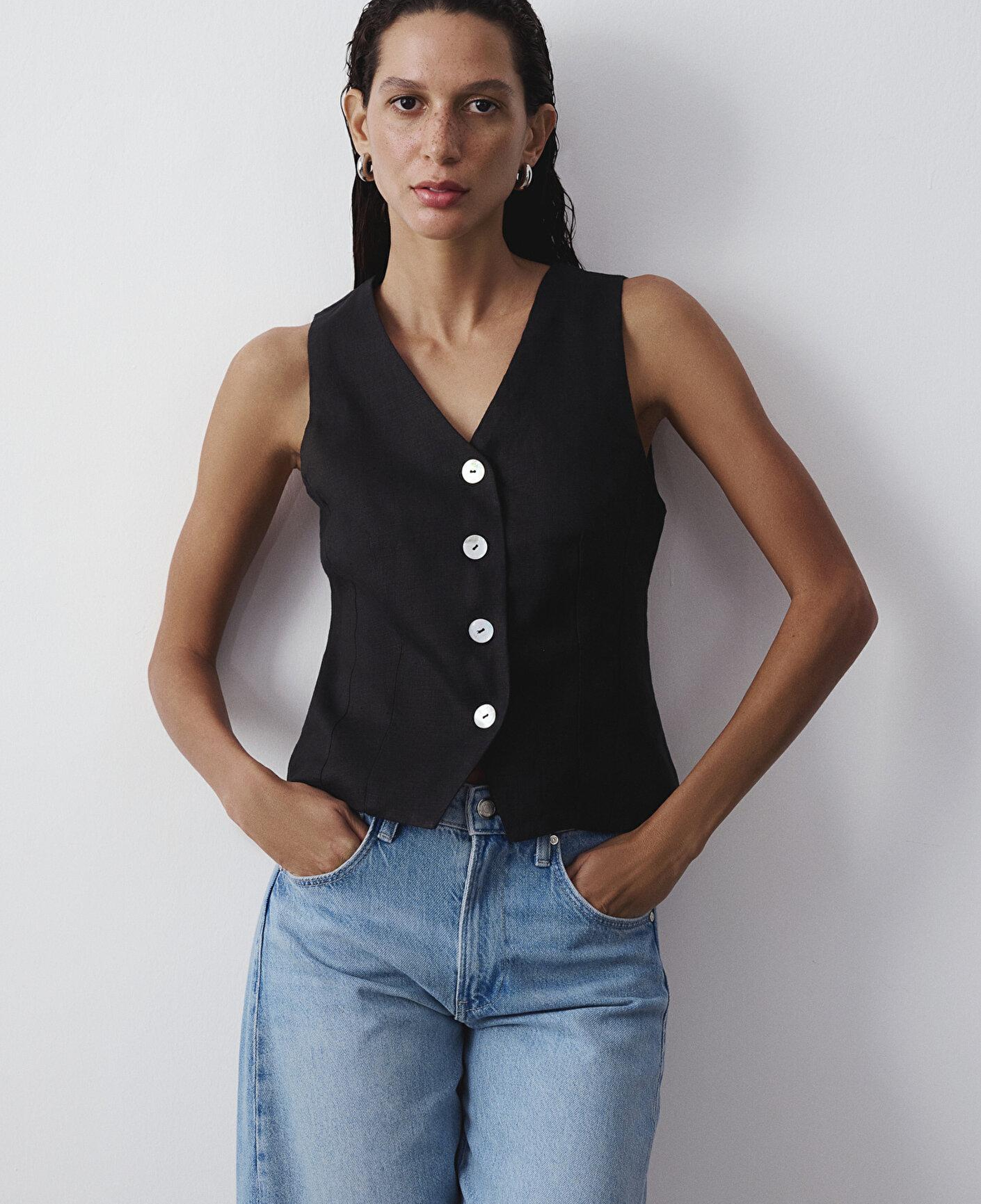 Mavi Siyah Keten Yelek Slim Fit / Dar Kesim 1110843-900