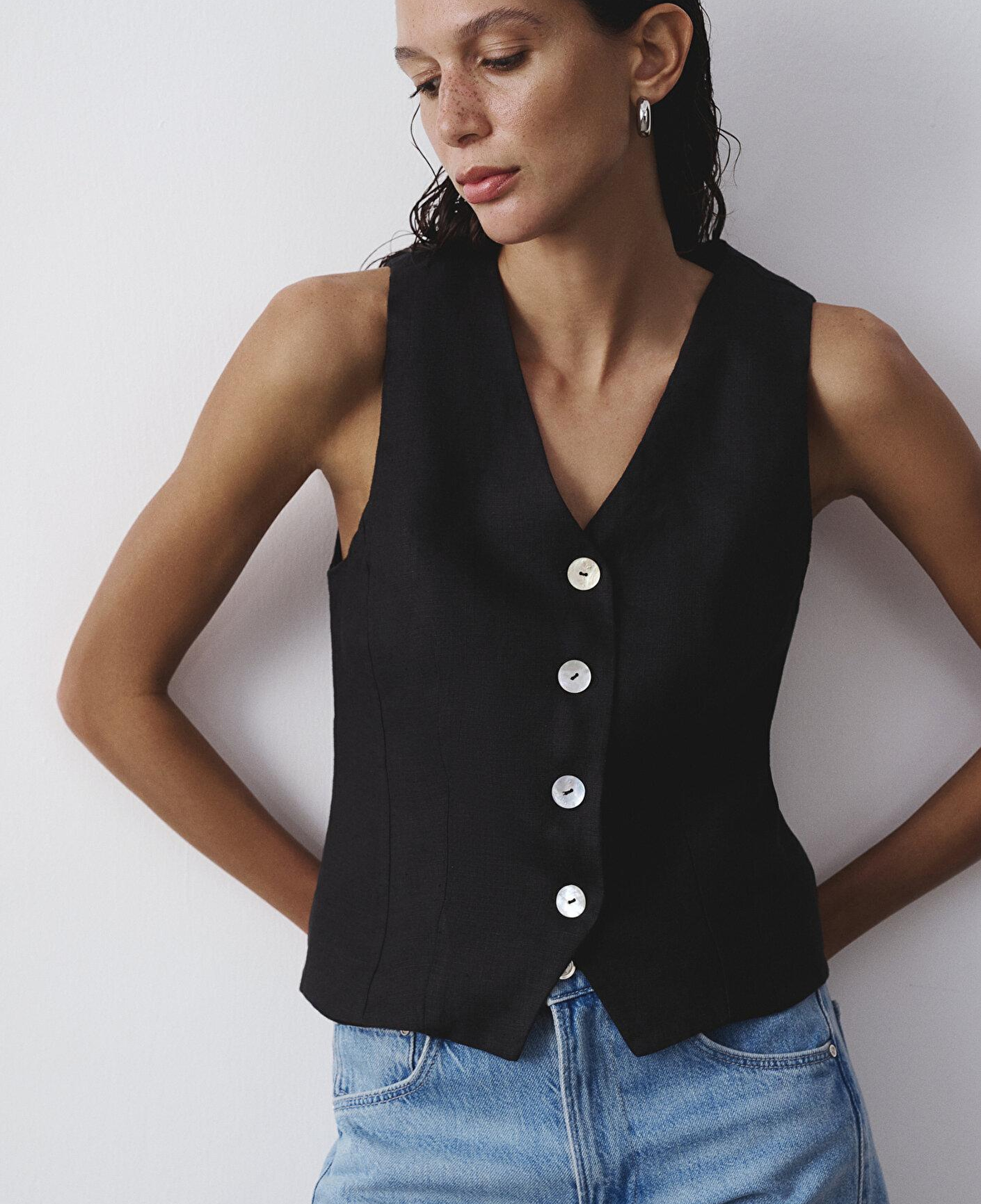 Mavi Siyah Keten Yelek Slim Fit / Dar Kesim 1110843-900