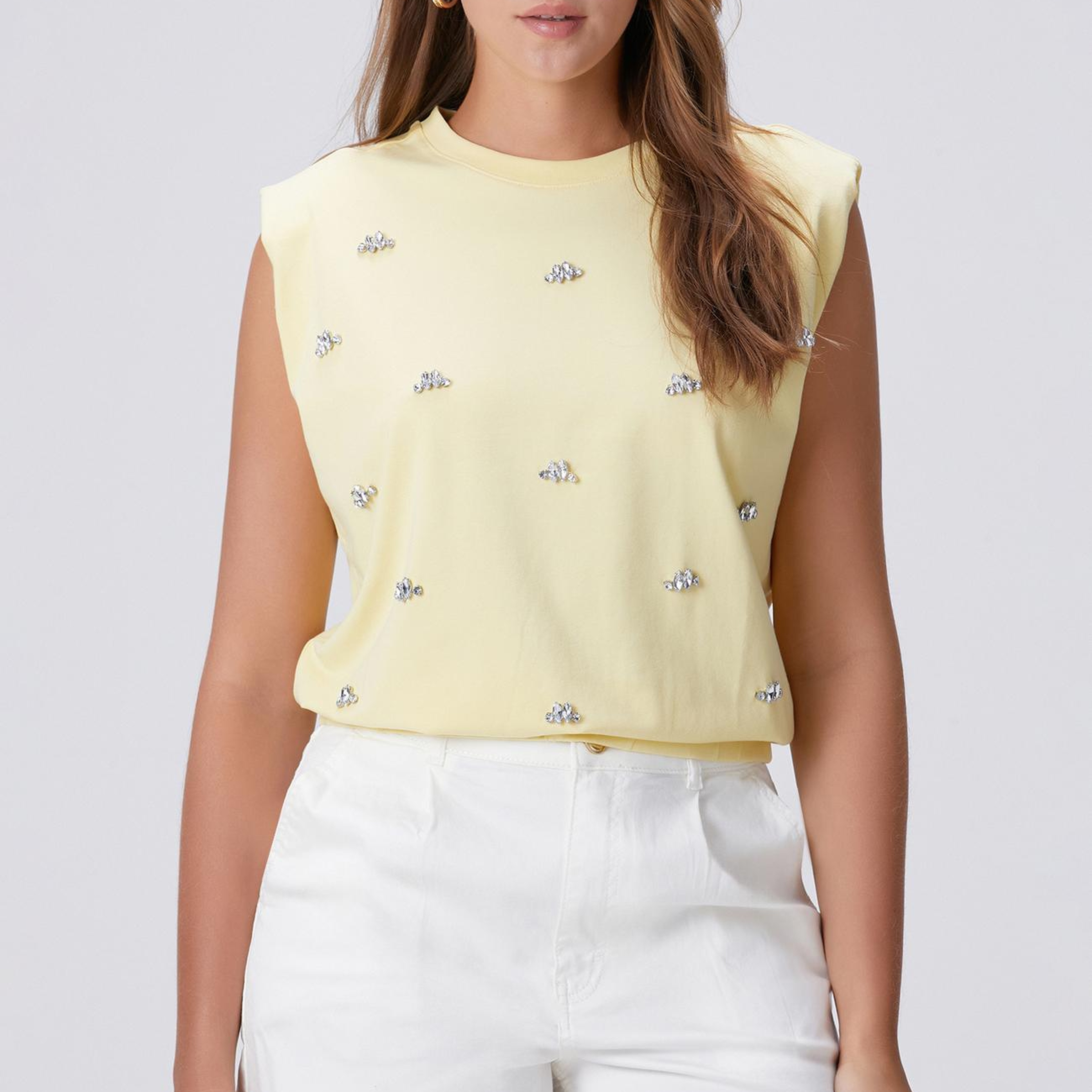 Network Kadın Sarı Bisiklet Yaka İri Taş Baskı Detaylı T-shirt