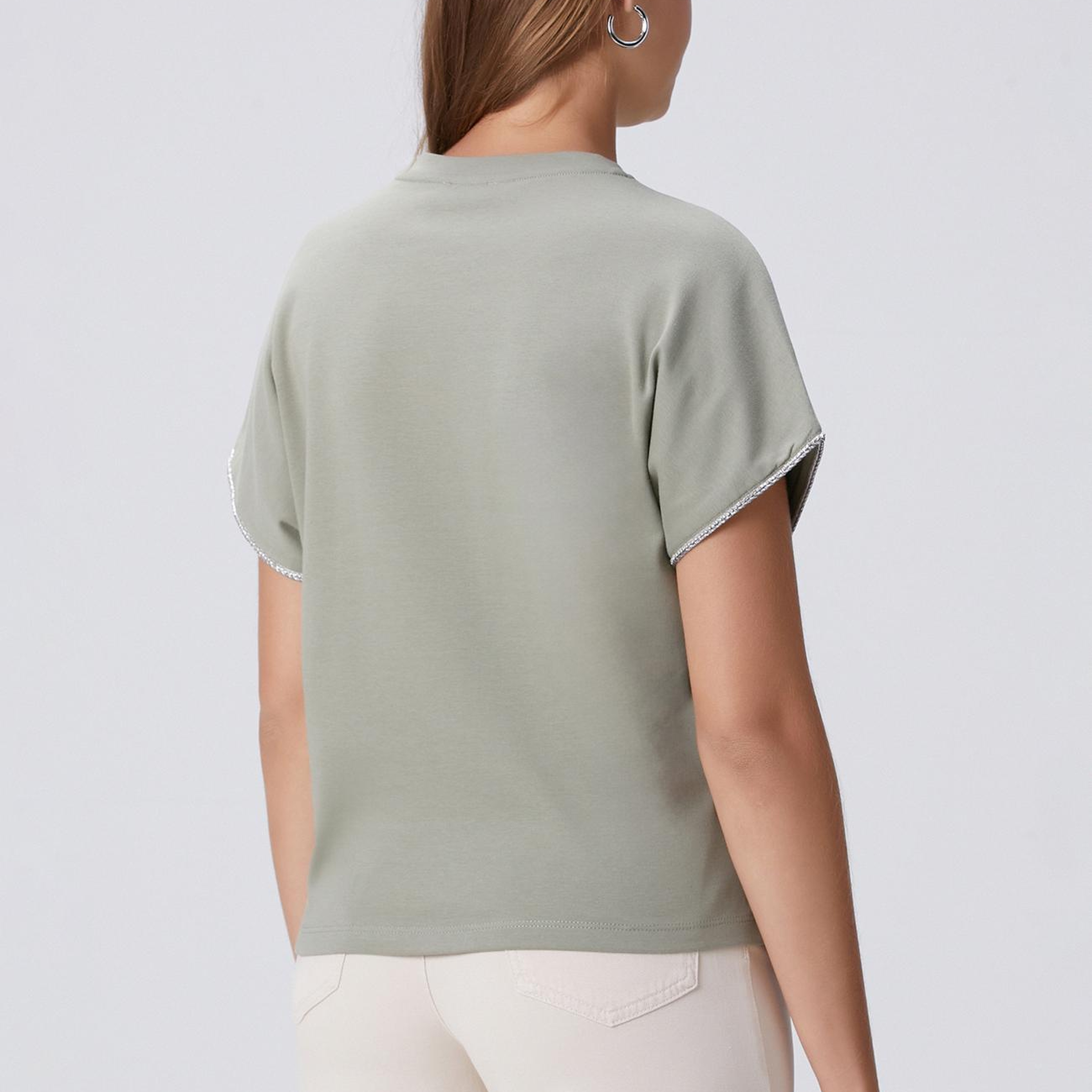 Network Kadın Haki Kol Ucu Taşlı T-shirt