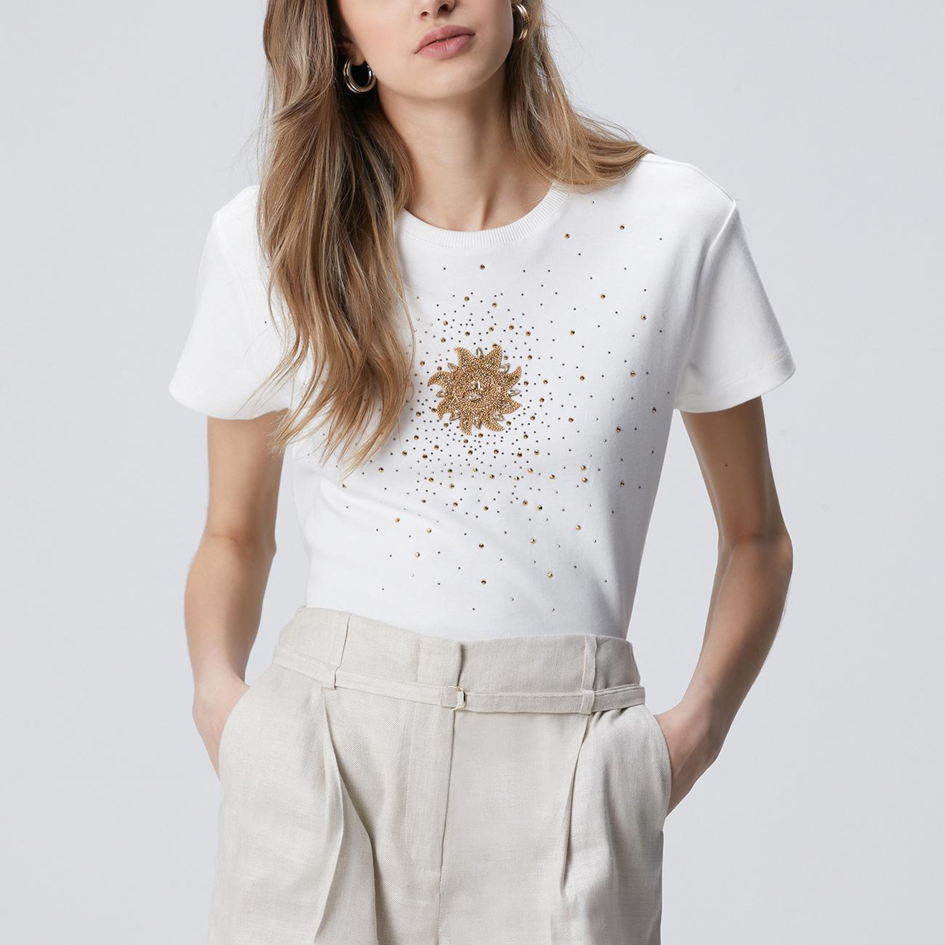 Network Kadın Kırık Beyaz Taş Baskılı T-shirt