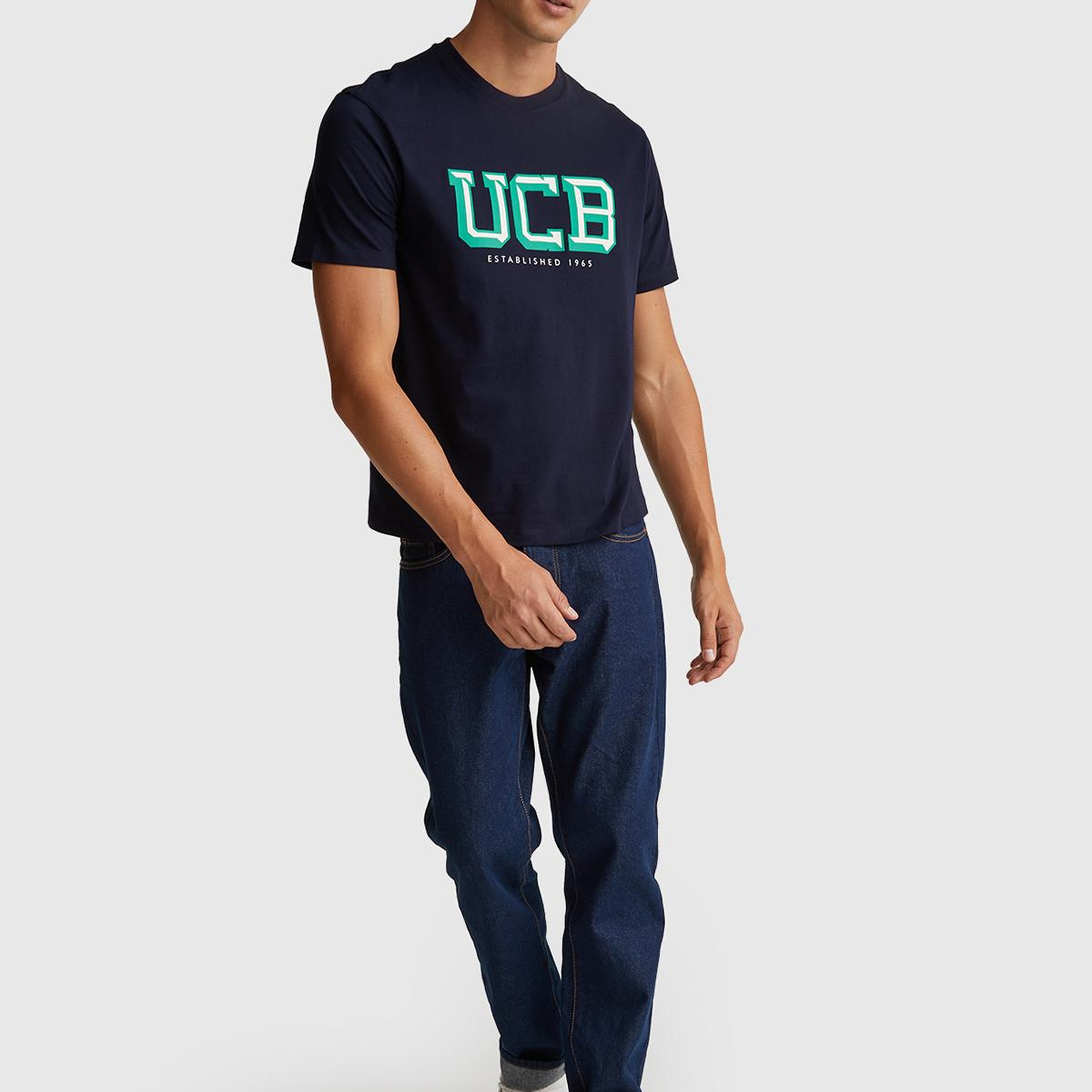 Erkek Lacivert-UCB %100 Pamuk Önü Logo Baskılı Relax Fit T-Shirt