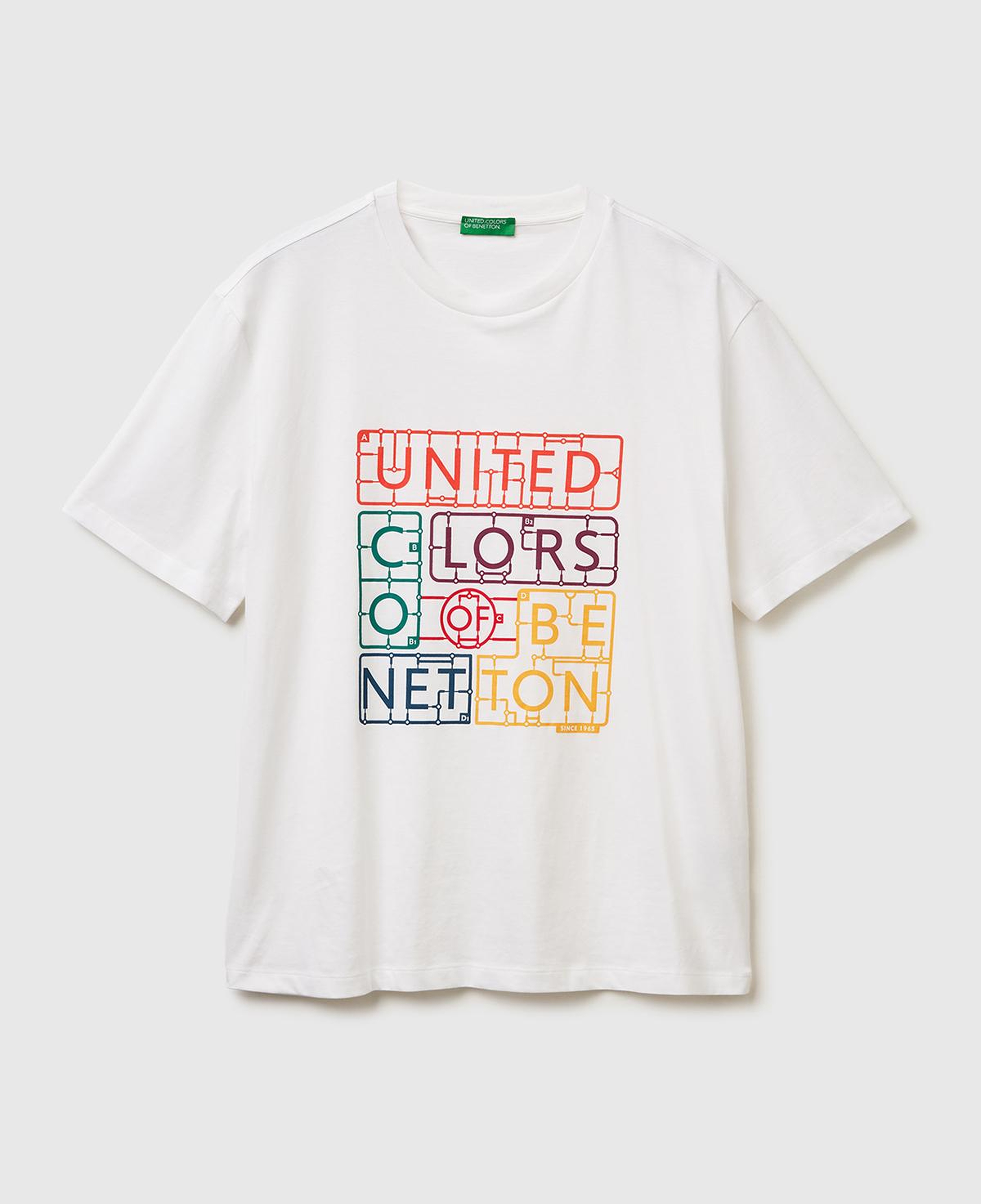Erkek Beyaz-Renkli Baskılı %100 Pamuk Önü Logo Baskılı Relax Fit T-Shirt