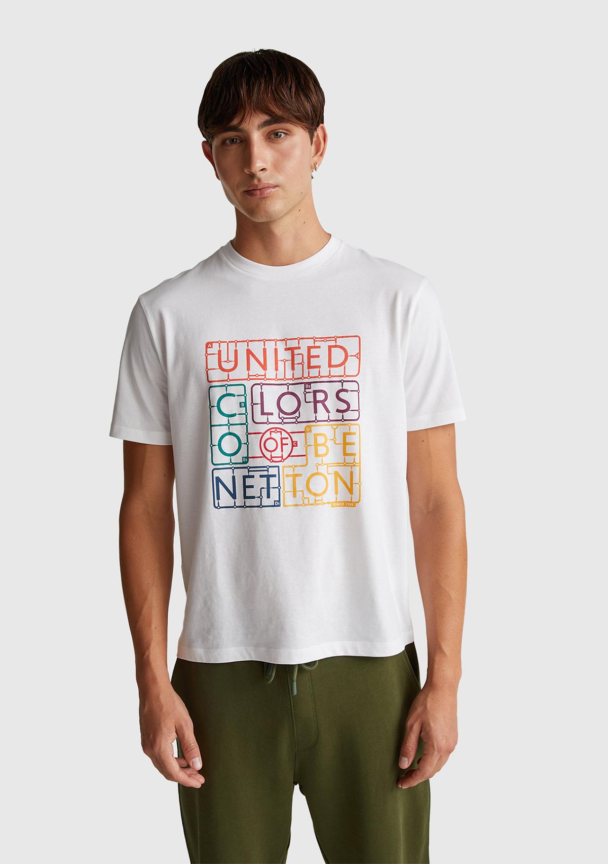 Erkek Beyaz-Renkli Baskılı %100 Pamuk Önü Logo Baskılı Relax Fit T-Shirt