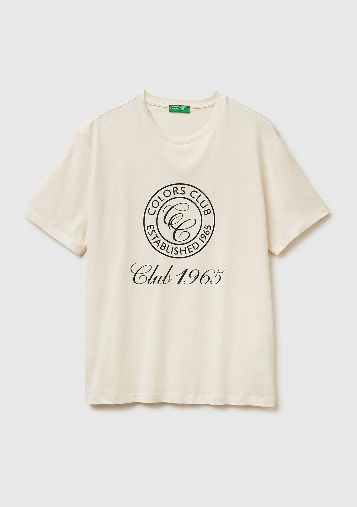 Erkek Beyaz-Renkli Yazılı %100 Pamuk Önü Logo Baskılı Relax Fit T-Shirt
