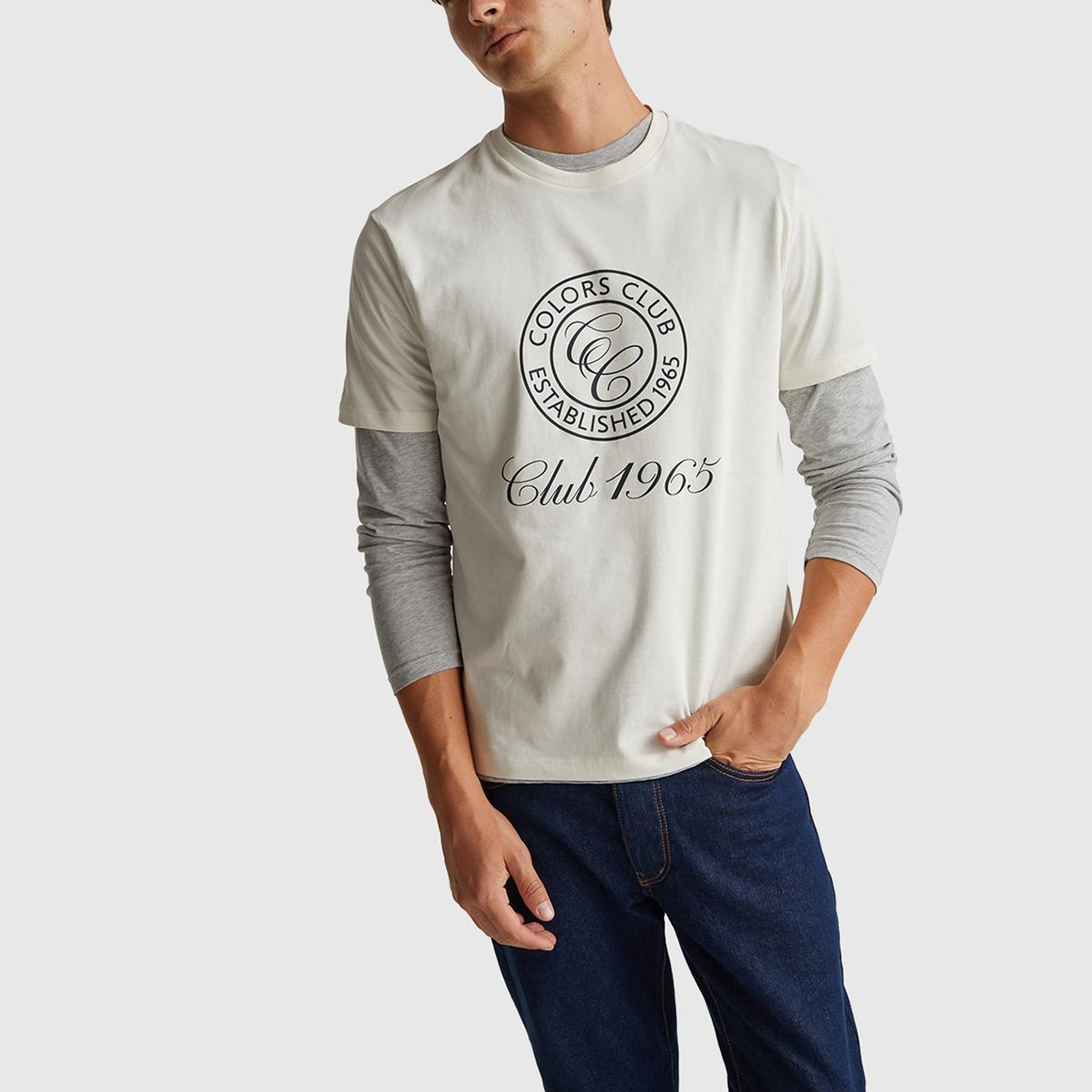 Erkek Beyaz-Renkli Yazılı %100 Pamuk Önü Logo Baskılı Relax Fit T-Shirt
