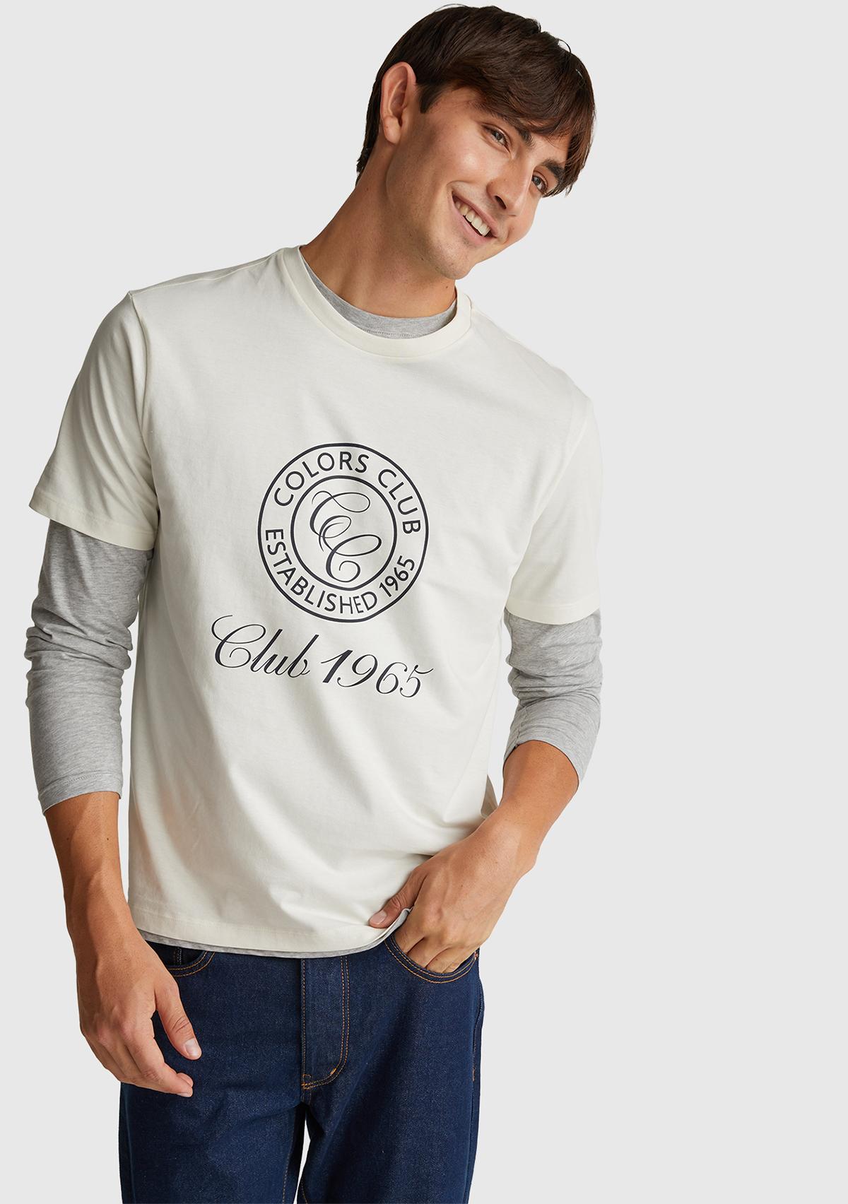 Erkek Beyaz-Renkli Yazılı %100 Pamuk Önü Logo Baskılı Relax Fit T-Shirt