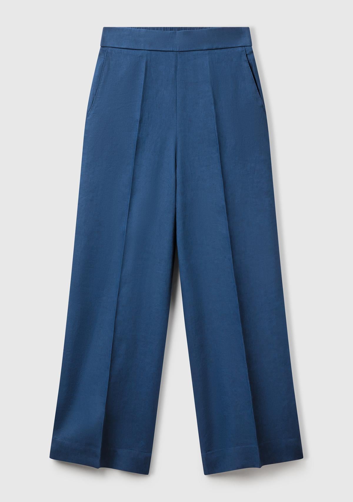Kadın Denim %100 Keten Yan Cepli Arka Beli Lastikli Palazzo Pantolon