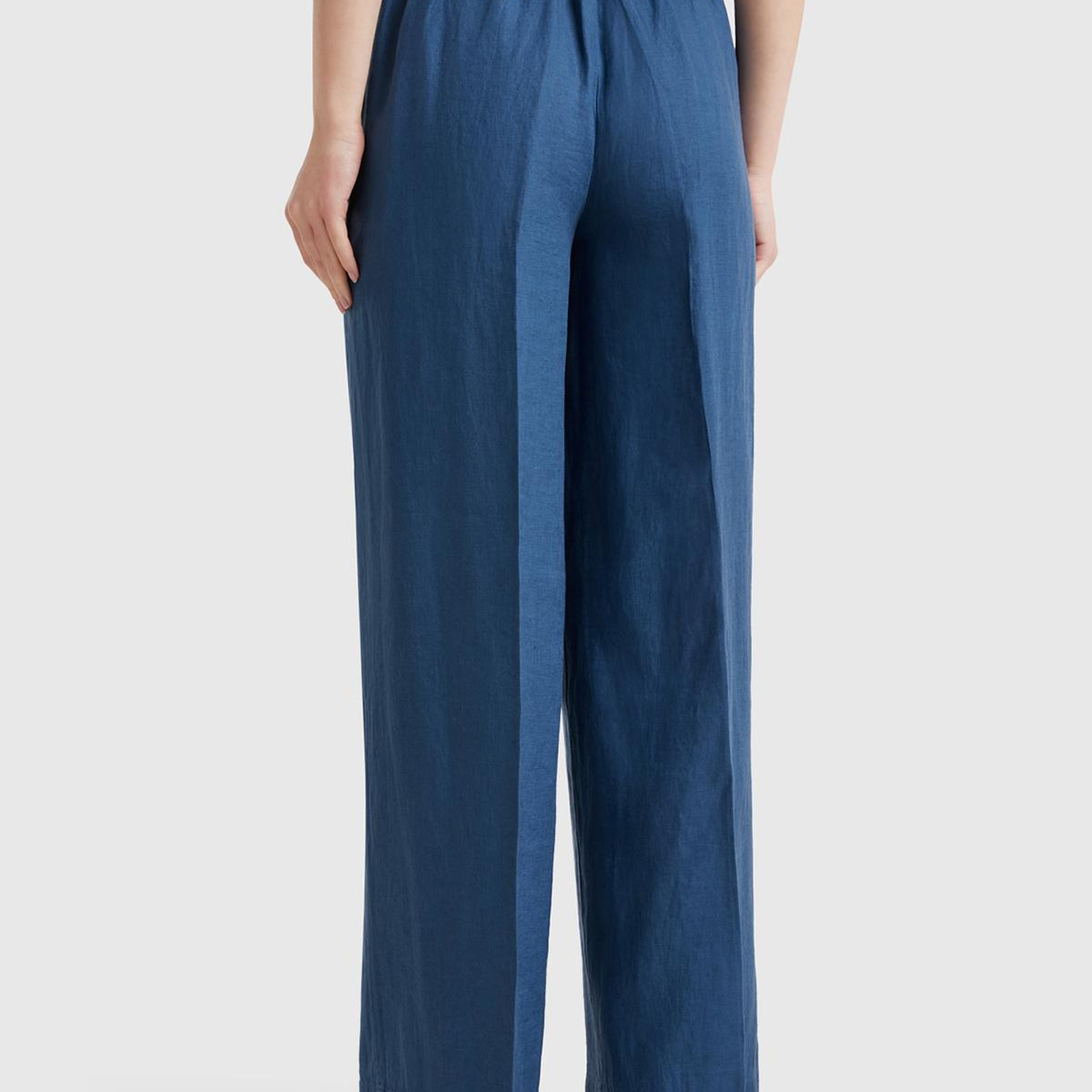 Kadın Denim %100 Keten Yan Cepli Arka Beli Lastikli Palazzo Pantolon