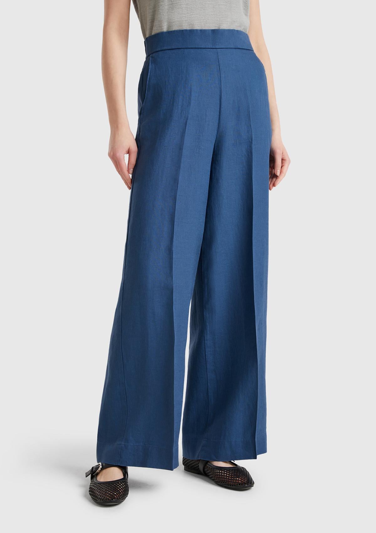Kadın Denim %100 Keten Yan Cepli Arka Beli Lastikli Palazzo Pantolon