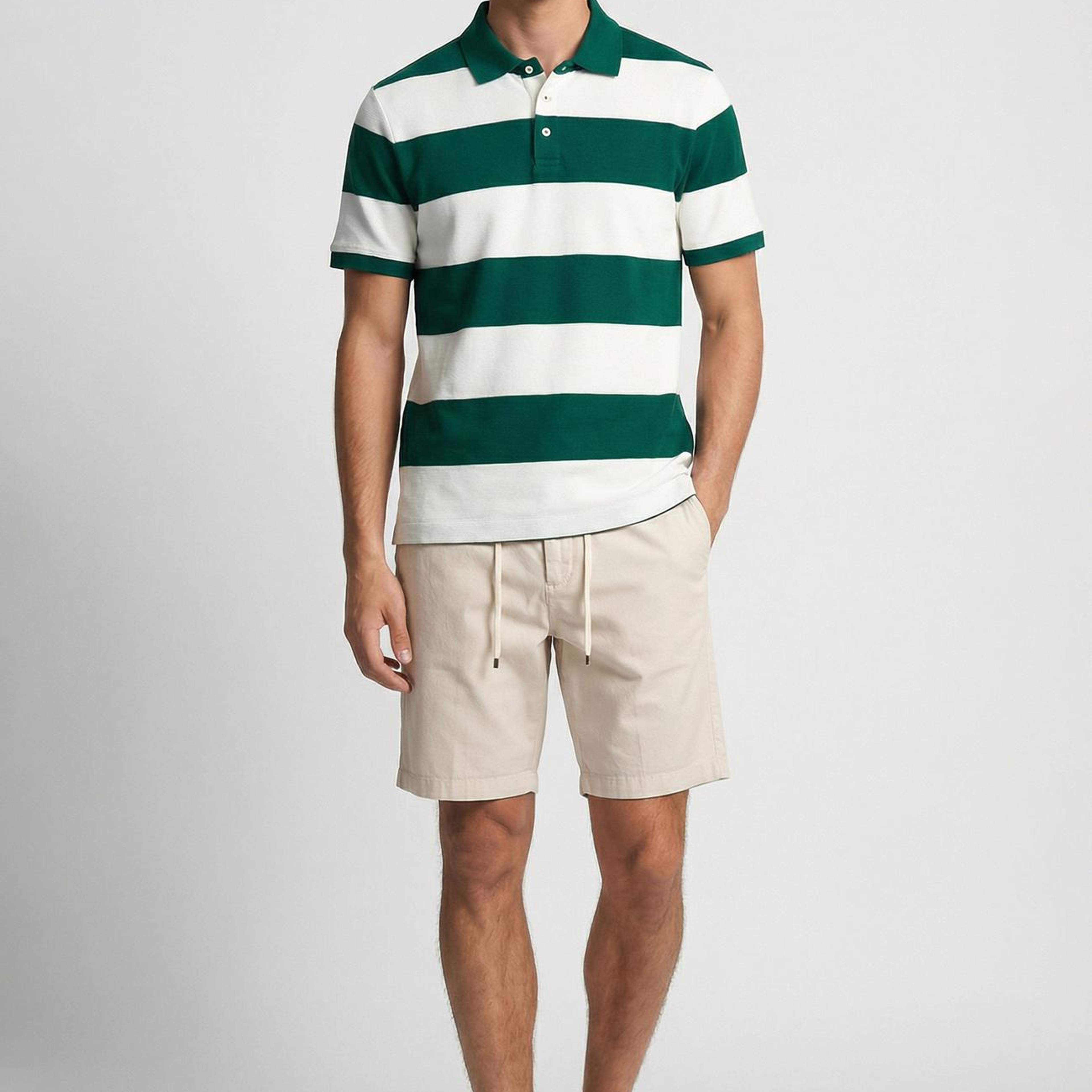 Network Erkek Yeşil Ekru Çizgili Polo Yaka T-Shirt