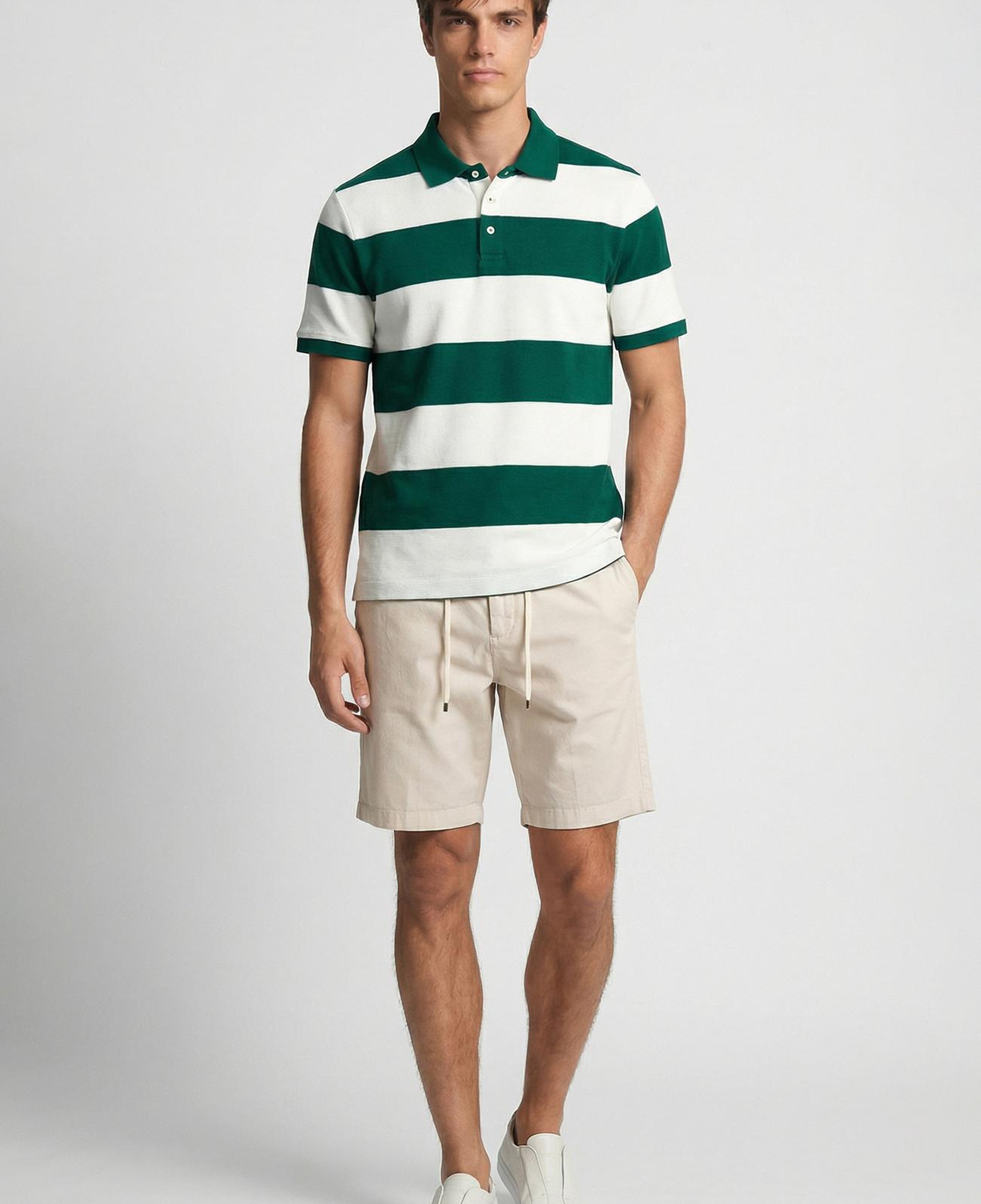 Network Erkek Yeşil Ekru Çizgili Polo Yaka T-Shirt