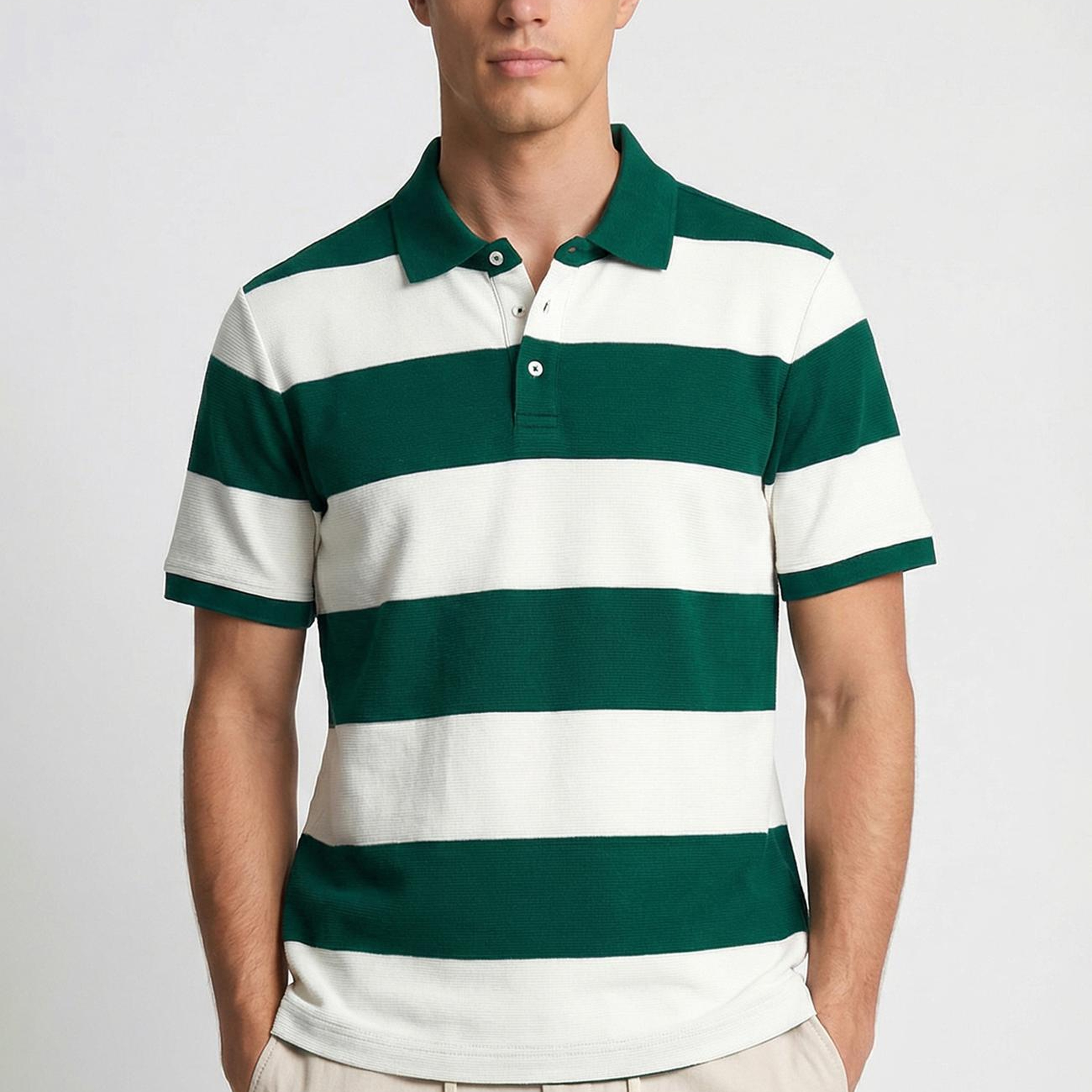 Network Erkek Yeşil Ekru Çizgili Polo Yaka T-Shirt