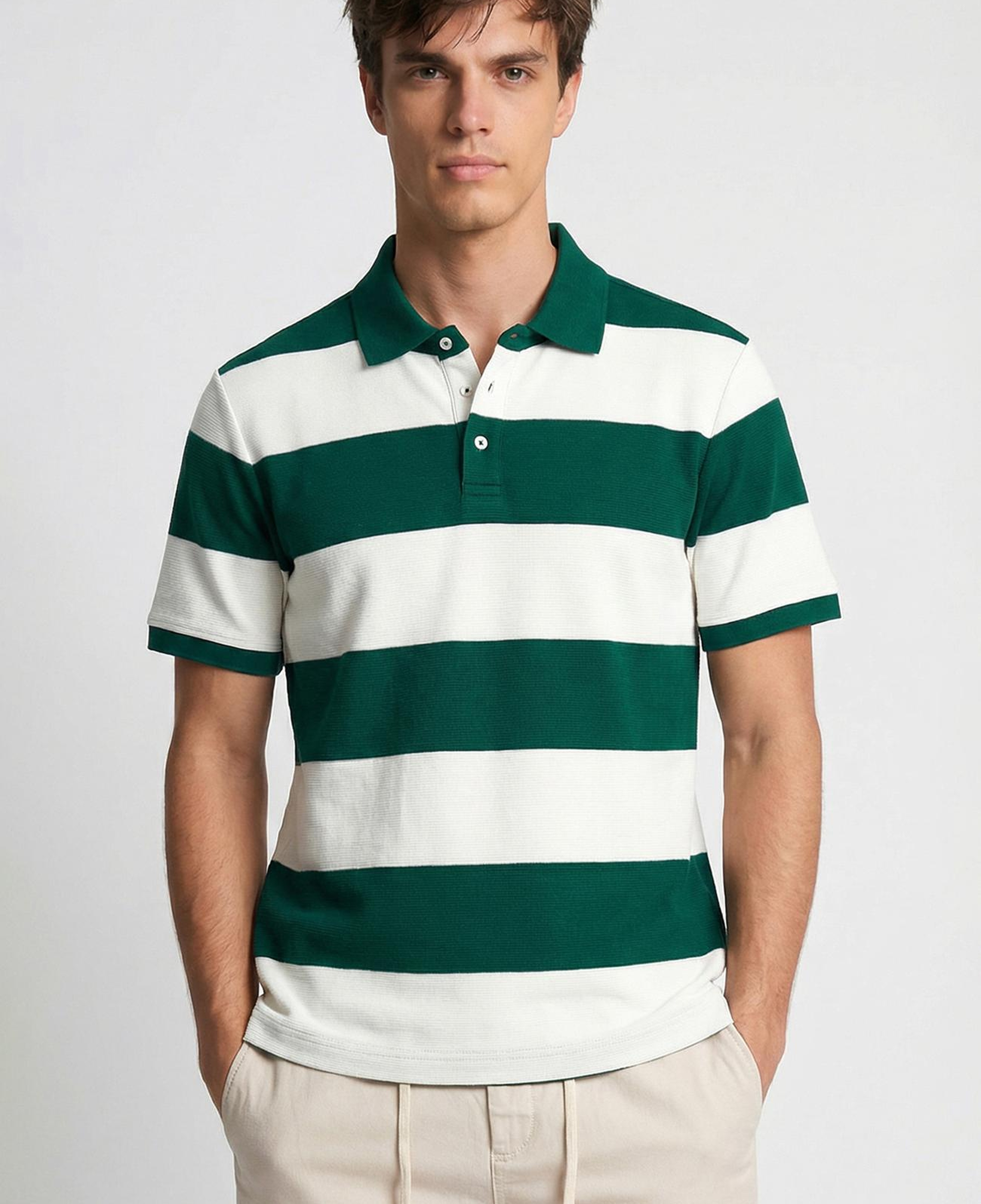 Network Erkek Yeşil Ekru Çizgili Polo Yaka T-Shirt