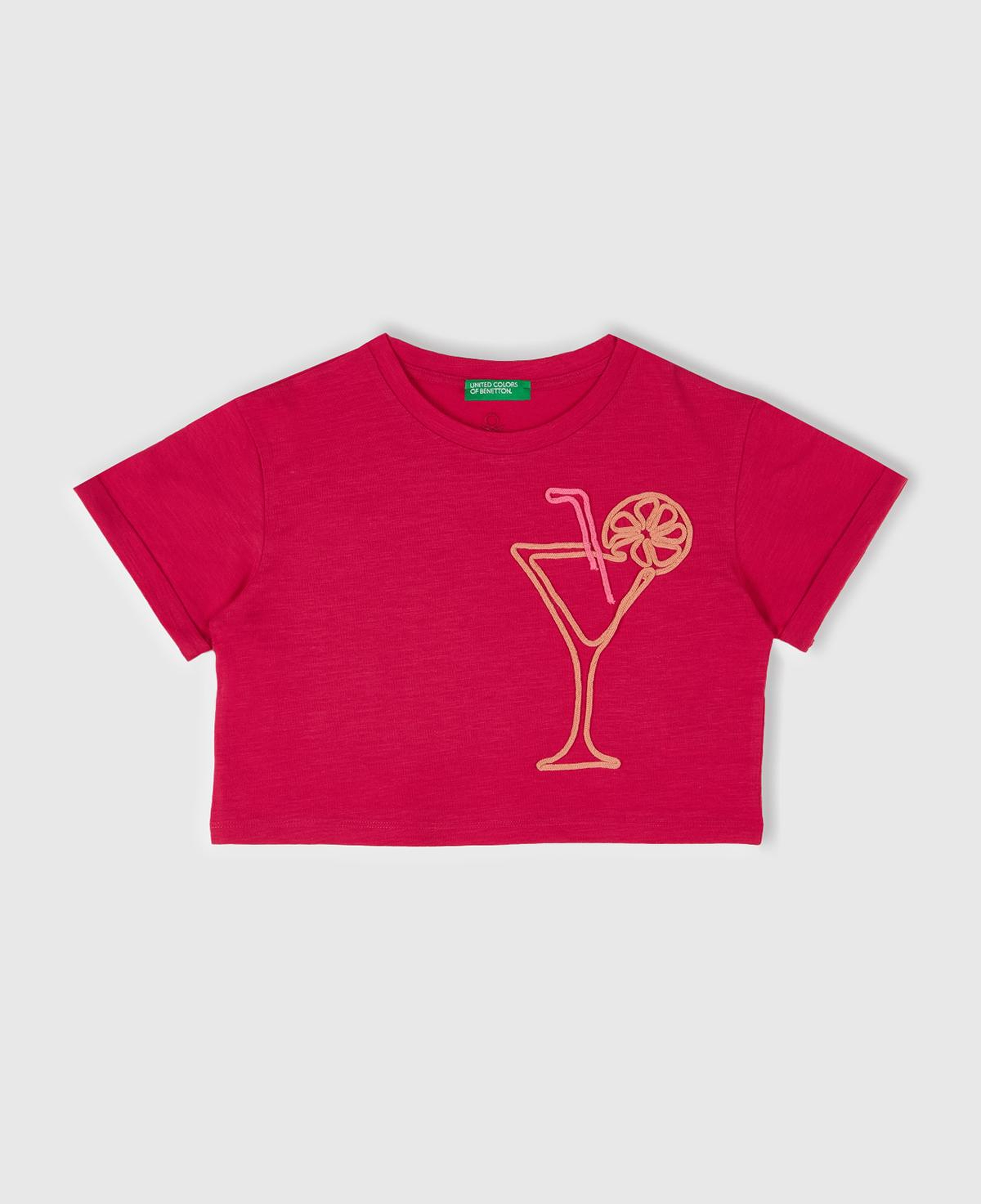 Kız Çocuk Fuşya Nakışlı Bisiklet Yaka Crop T-Shirt