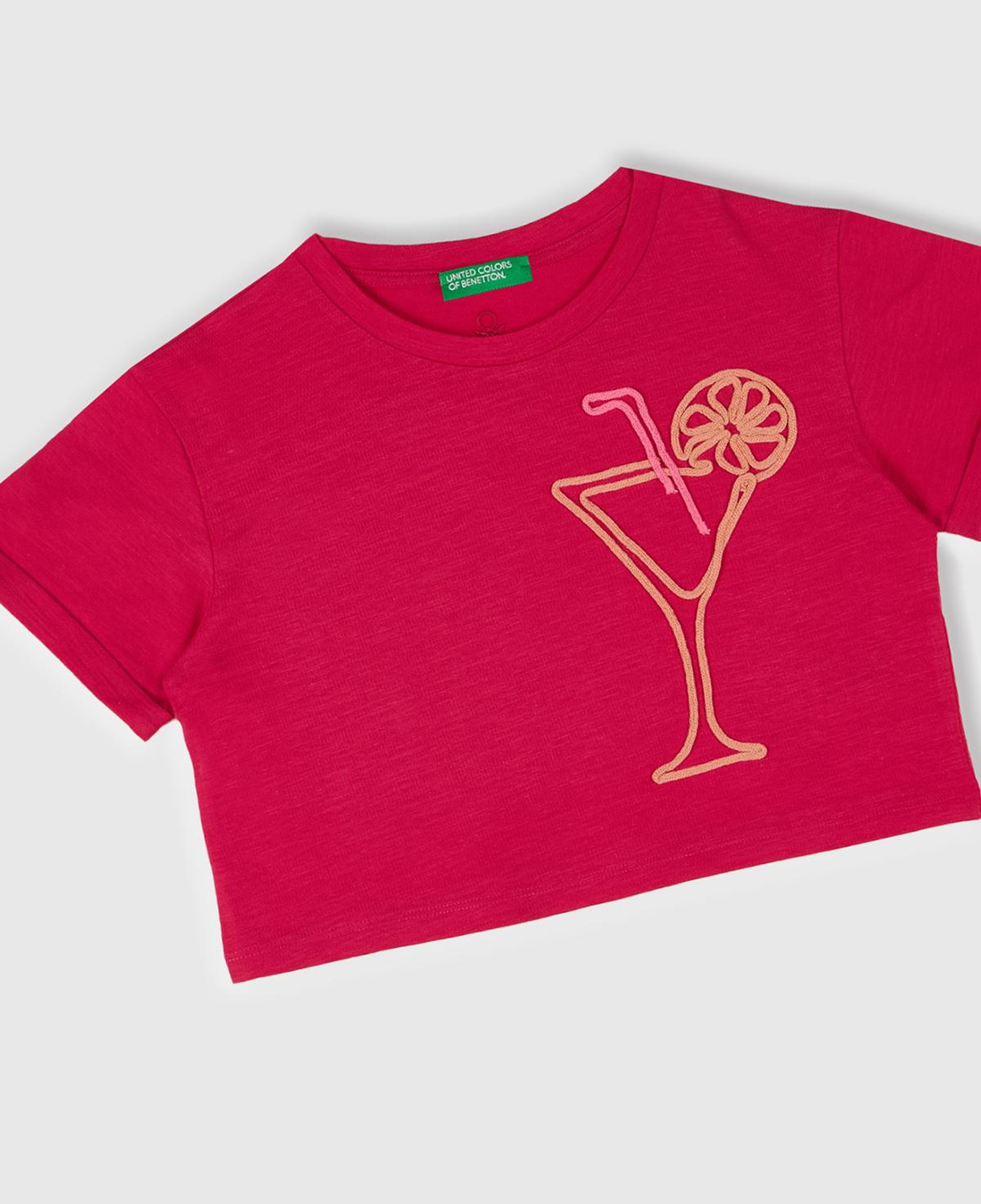 Kız Çocuk Fuşya Nakışlı Bisiklet Yaka Crop T-Shirt