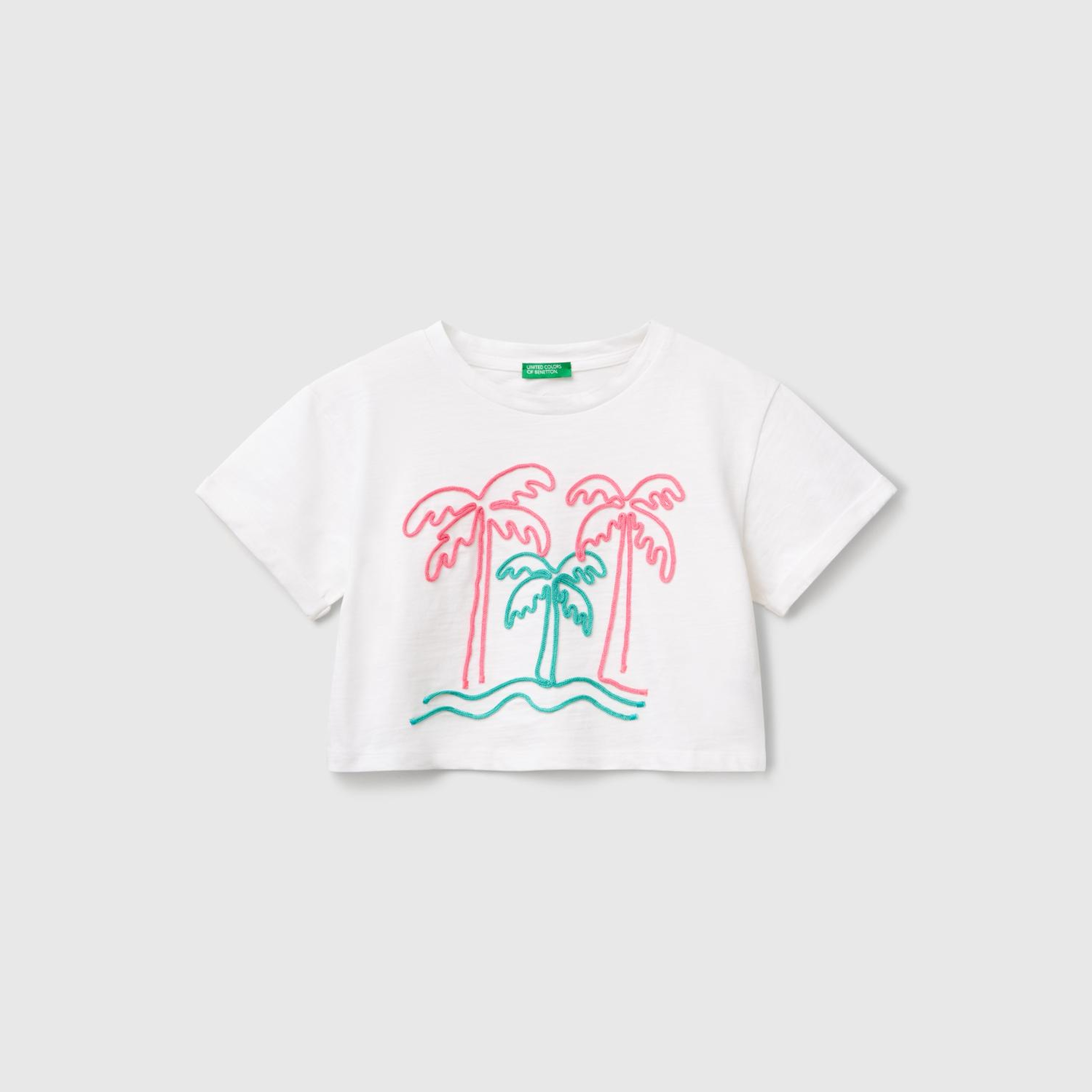 Kız Çocuk Beyaz Nakışlı Bisiklet Yaka Crop T-Shirt