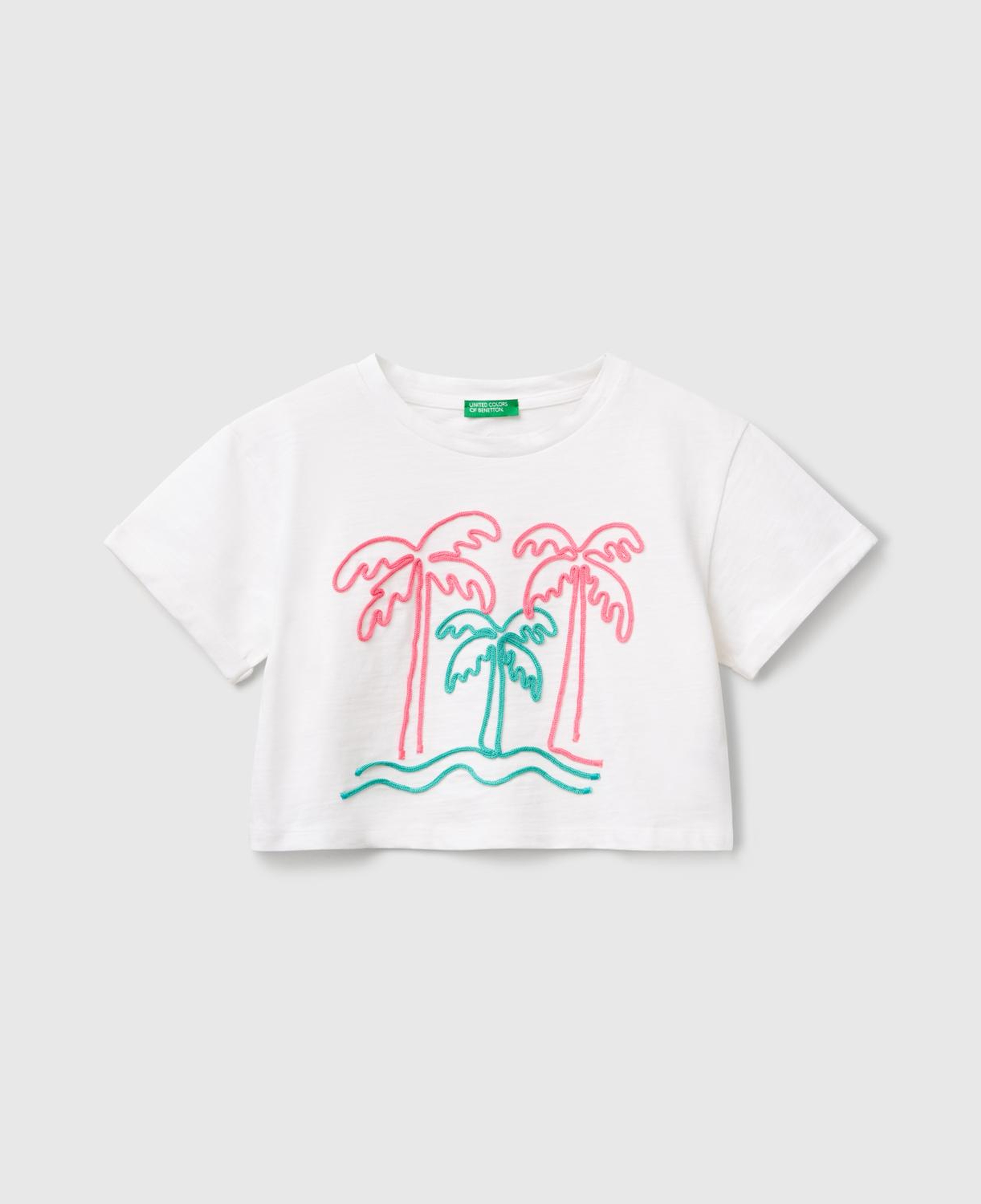 Kız Çocuk Beyaz Nakışlı Bisiklet Yaka Crop T-Shirt