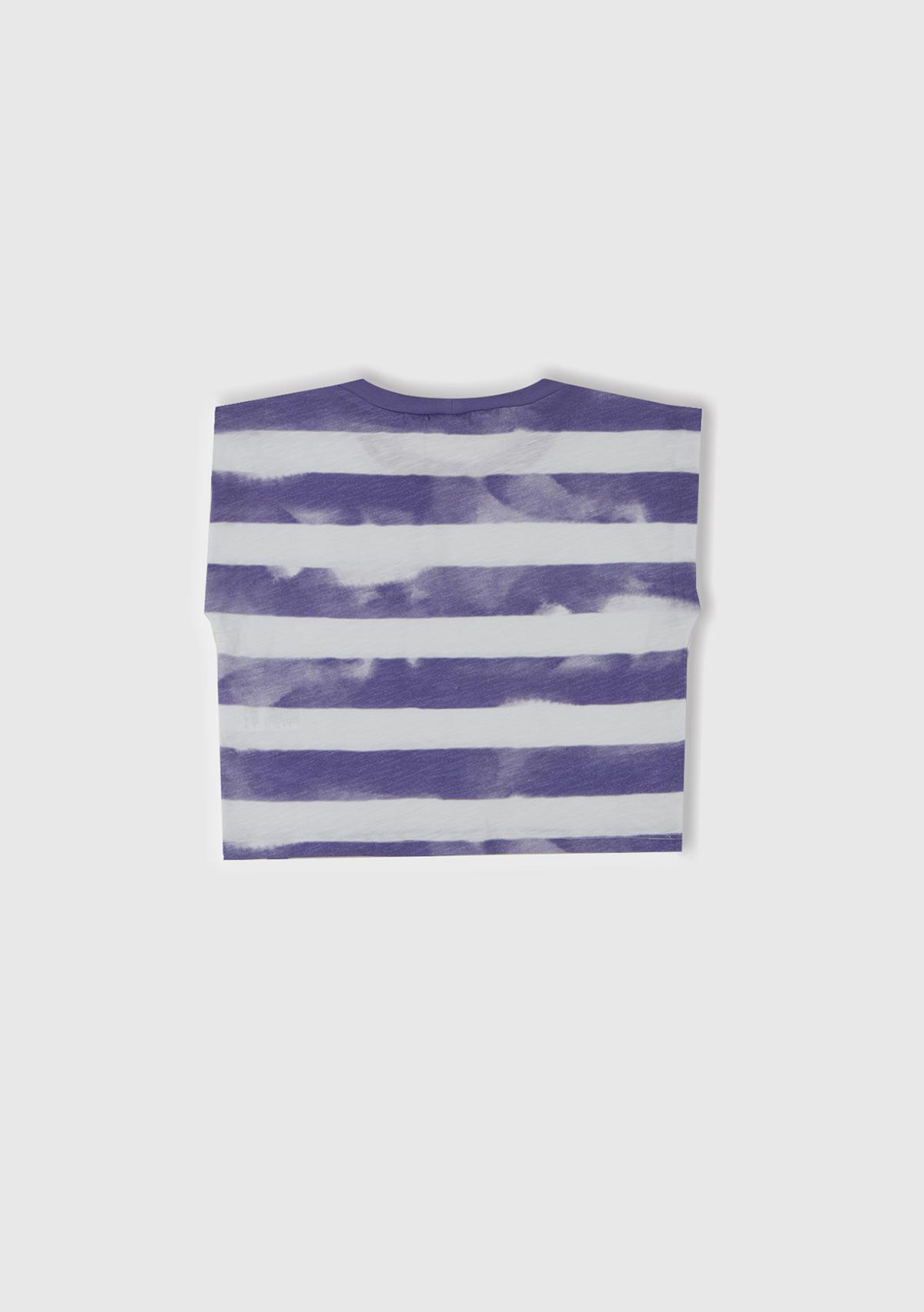 Kız Çocuk Mor Çizgili Boynu Nervürlü Logo Etiketi Detaylı Kolsuz T-Shirt