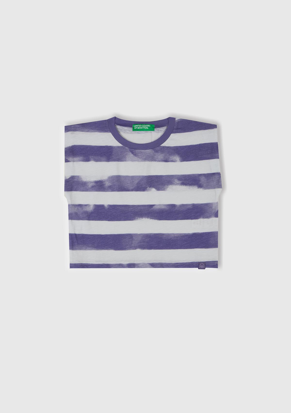 Kız Çocuk Mor Çizgili Boynu Nervürlü Logo Etiketi Detaylı Kolsuz T-Shirt