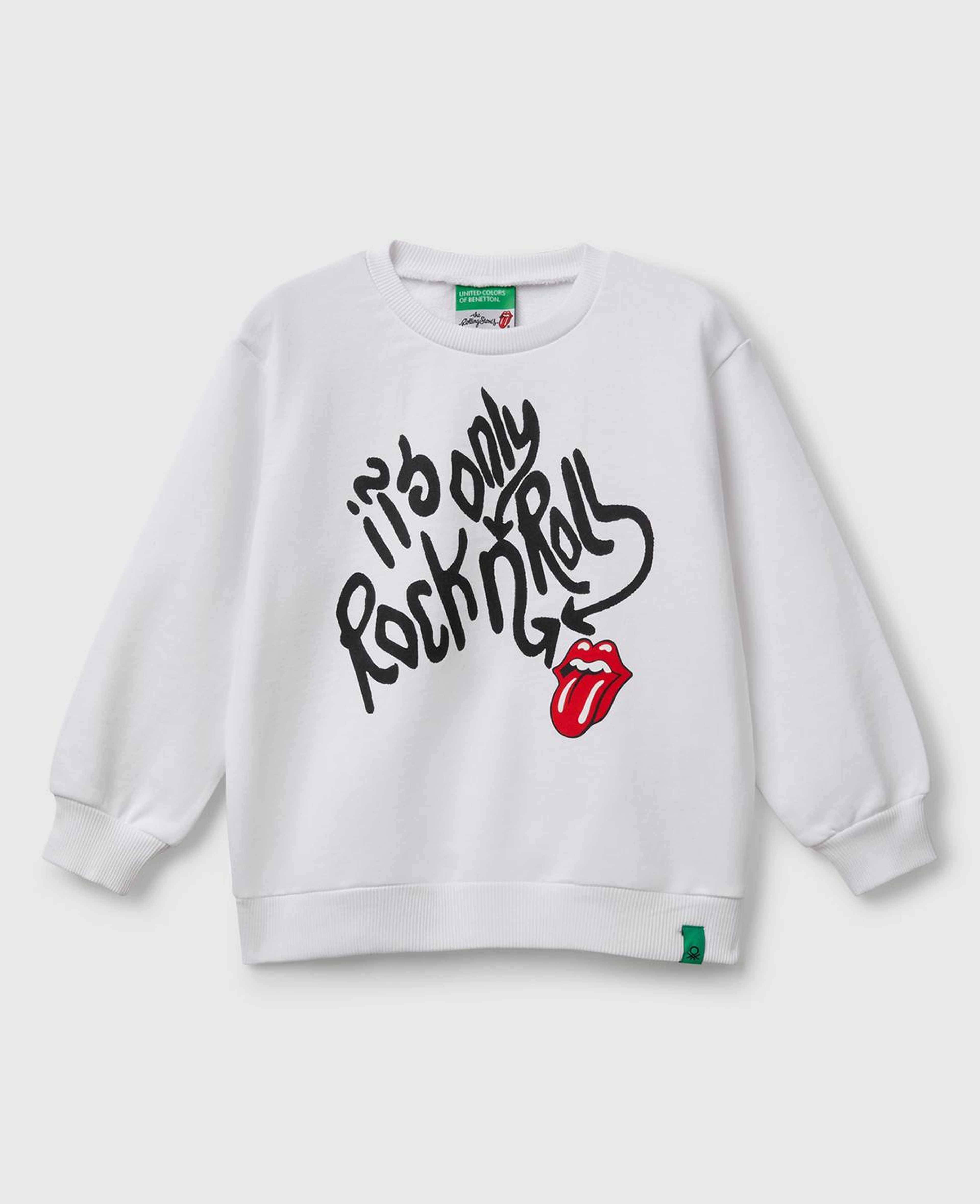 Erkek Çocuk Beyaz Rolling Stones Baskılı Etiket Logolu Bisiklet Yaka Sweatshirt