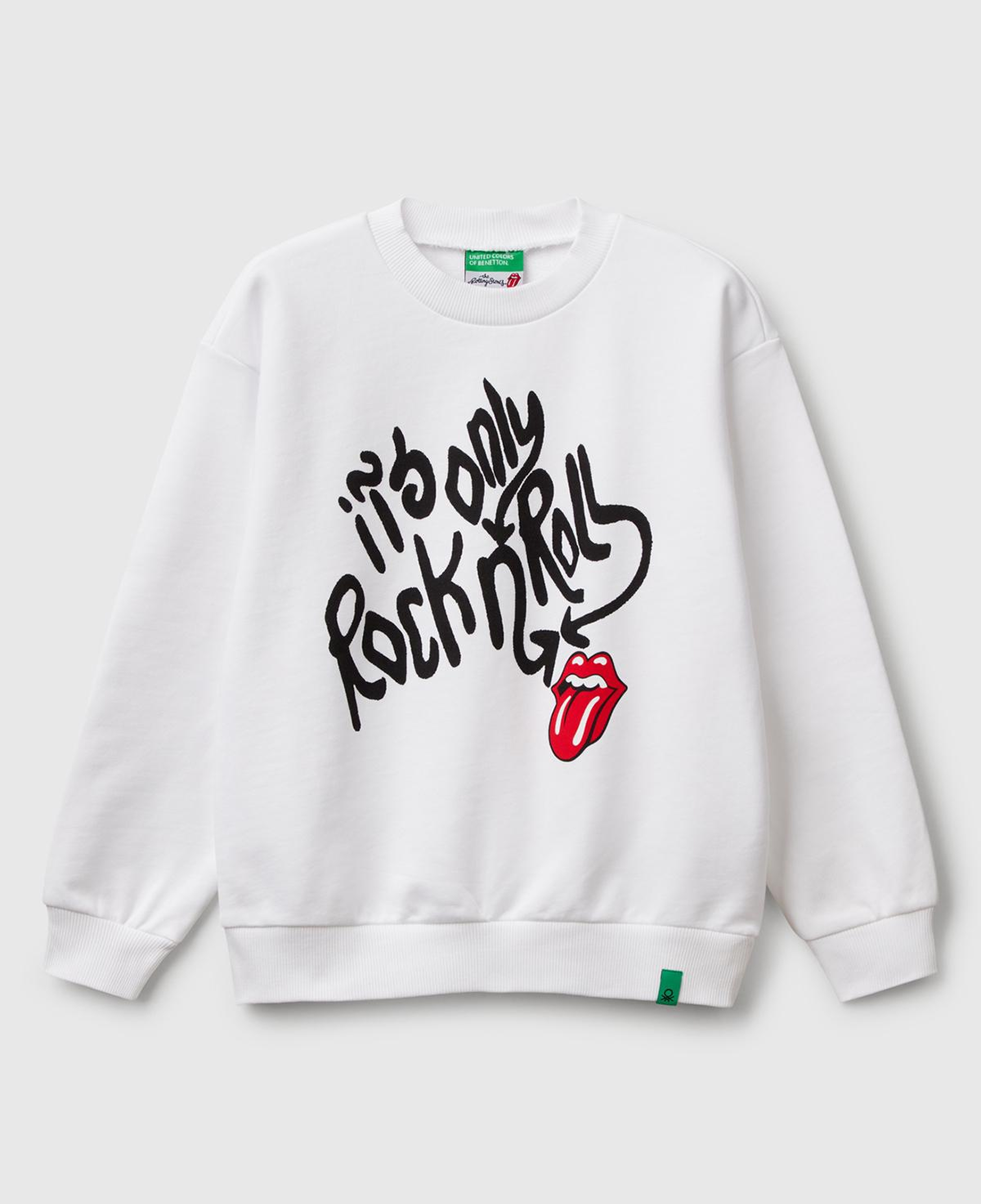 Erkek Çocuk Beyaz Rolling Stones Baskılı Etiket Logolu Bisiklet Yaka Sweatshirt