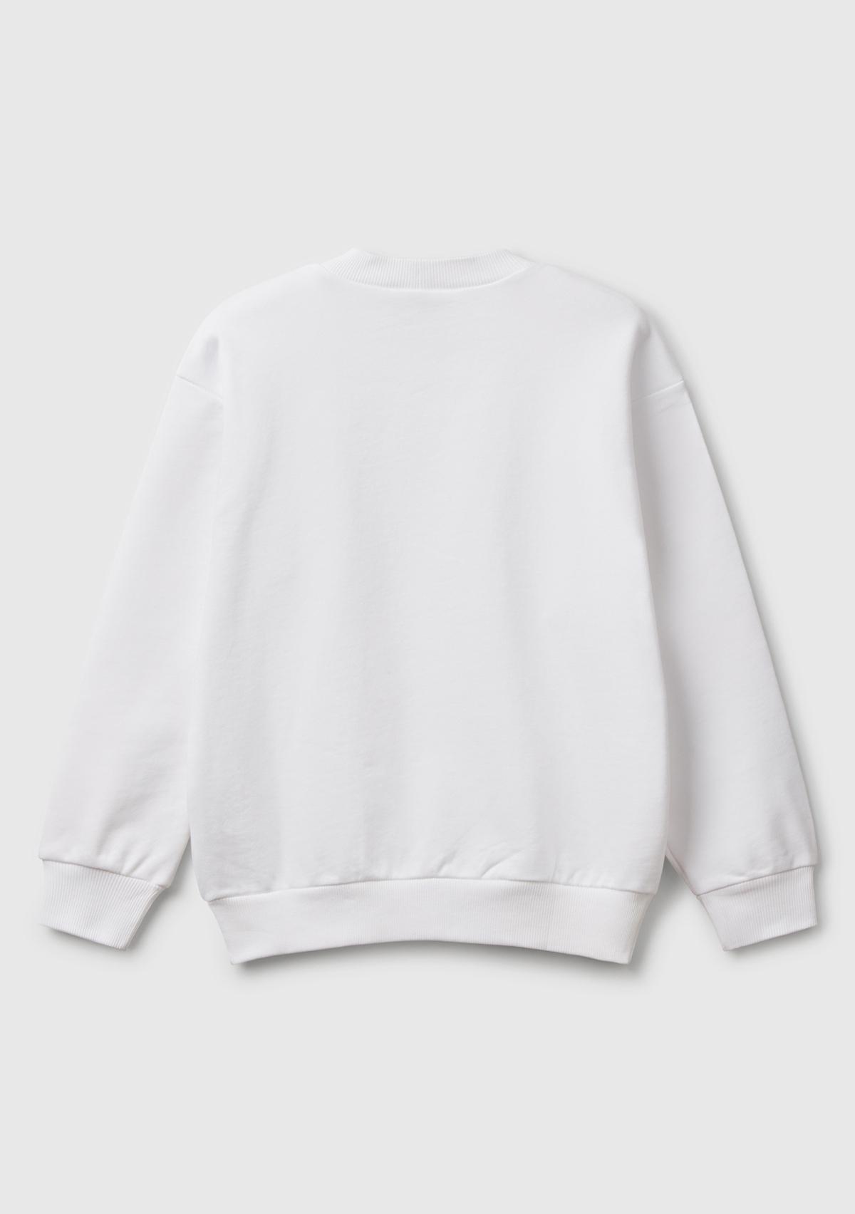 Erkek Çocuk Beyaz Rolling Stones Baskılı Etiket Logolu Bisiklet Yaka Sweatshirt