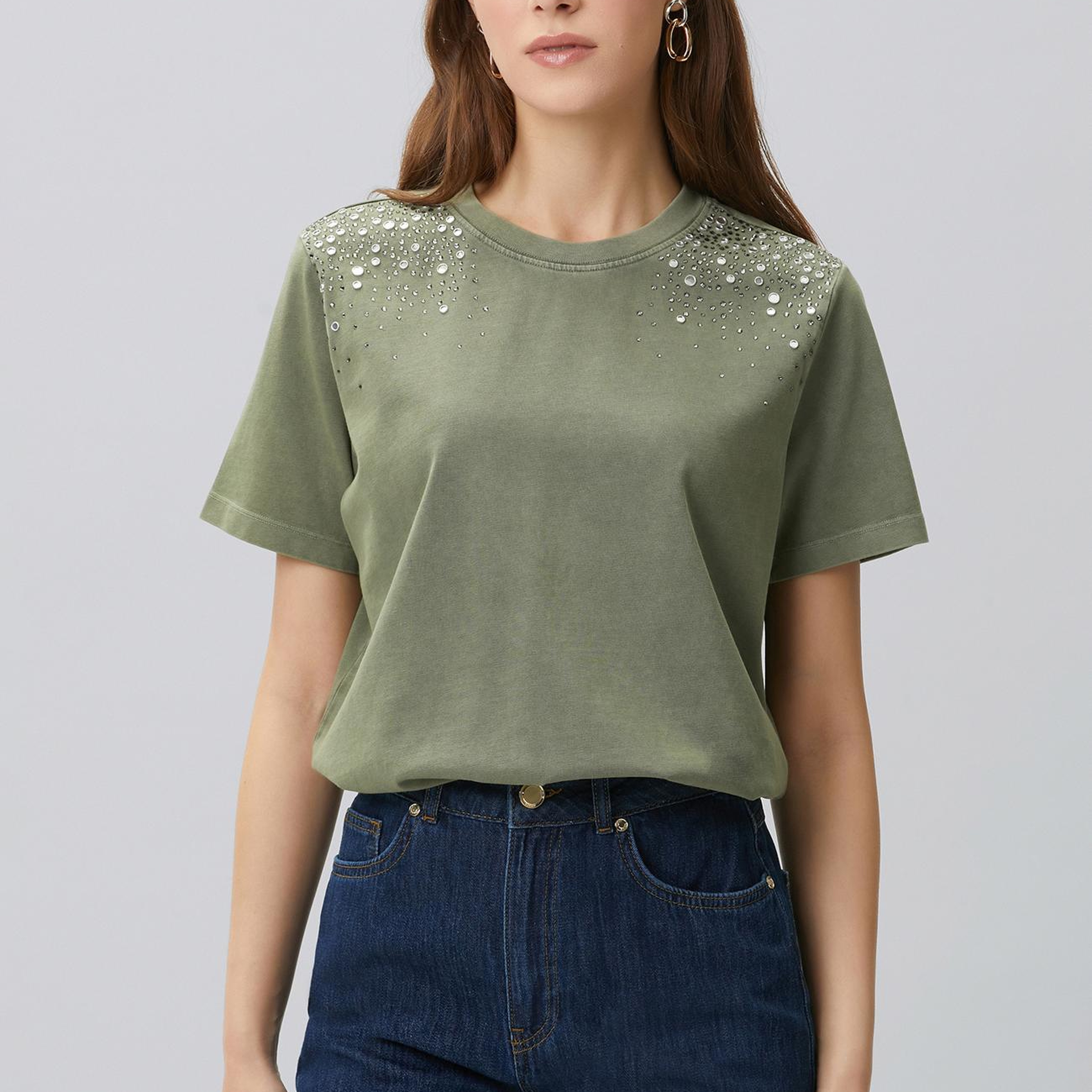 Network Kadın Haki Omuz Taş Baskılı T-shirt