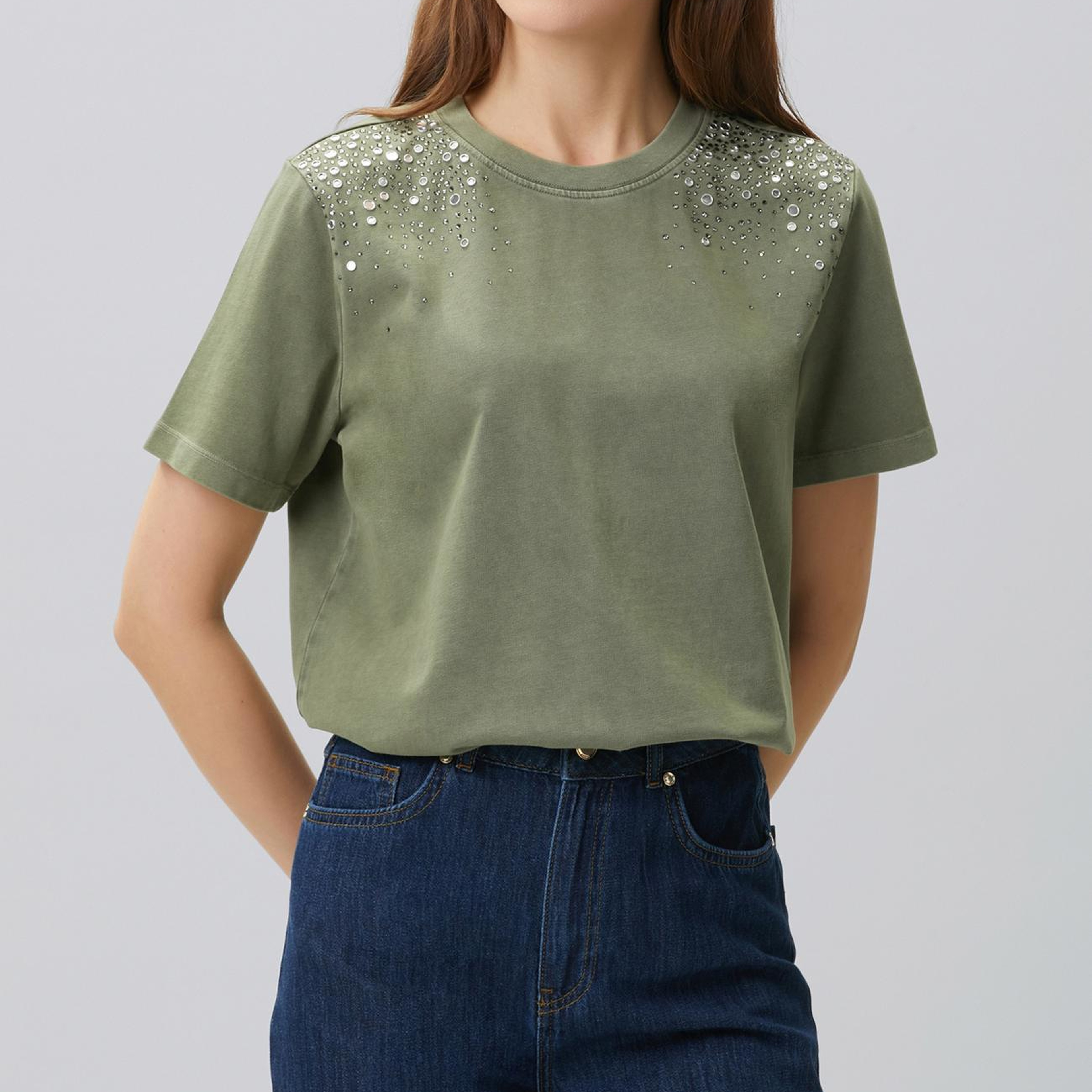 Network Kadın Haki Omuz Taş Baskılı T-shirt