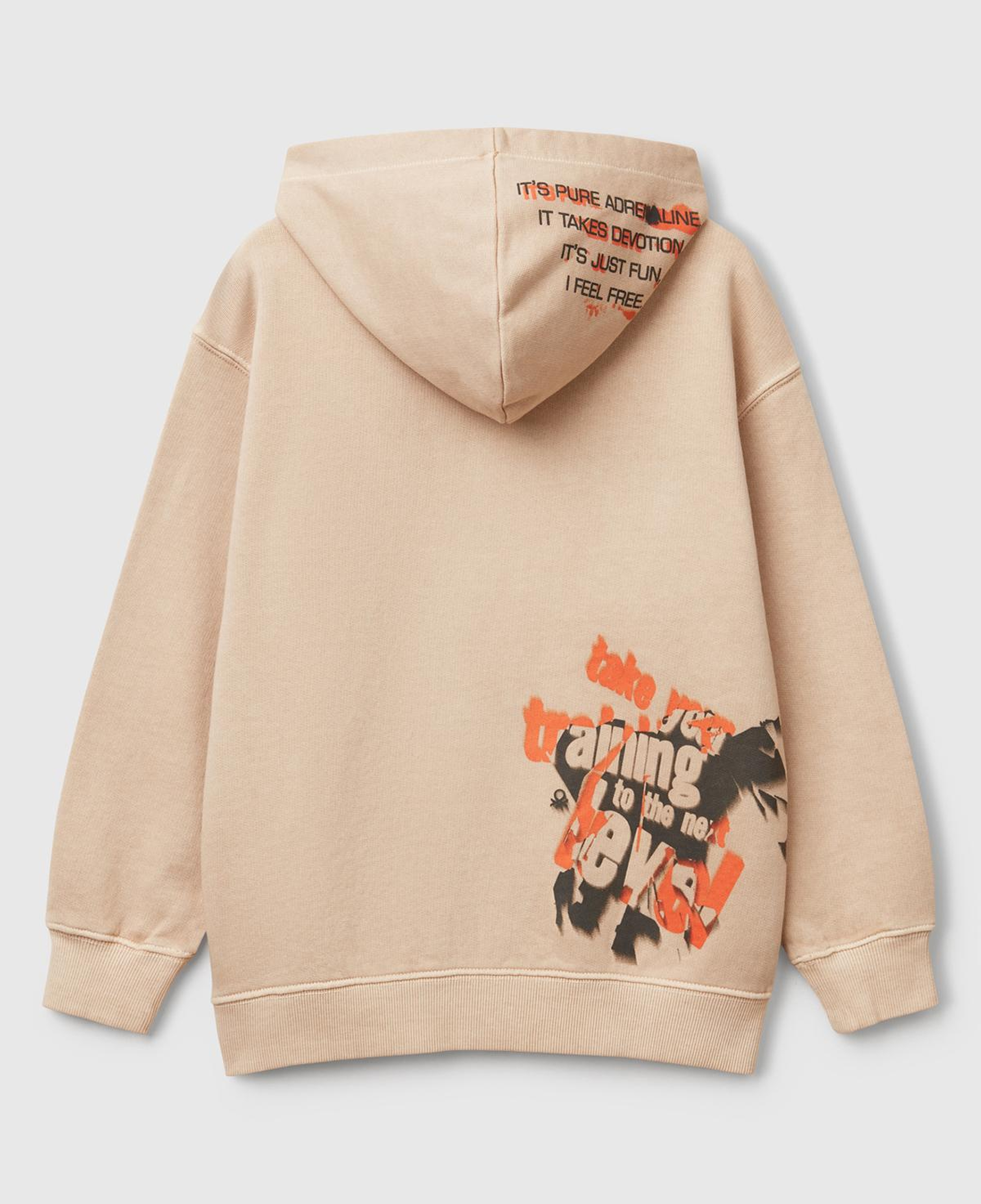 Erkek Çocuk Bej Baskılı Soluk Efektli Kese Cepli Kapüşonlu Sweatshirt