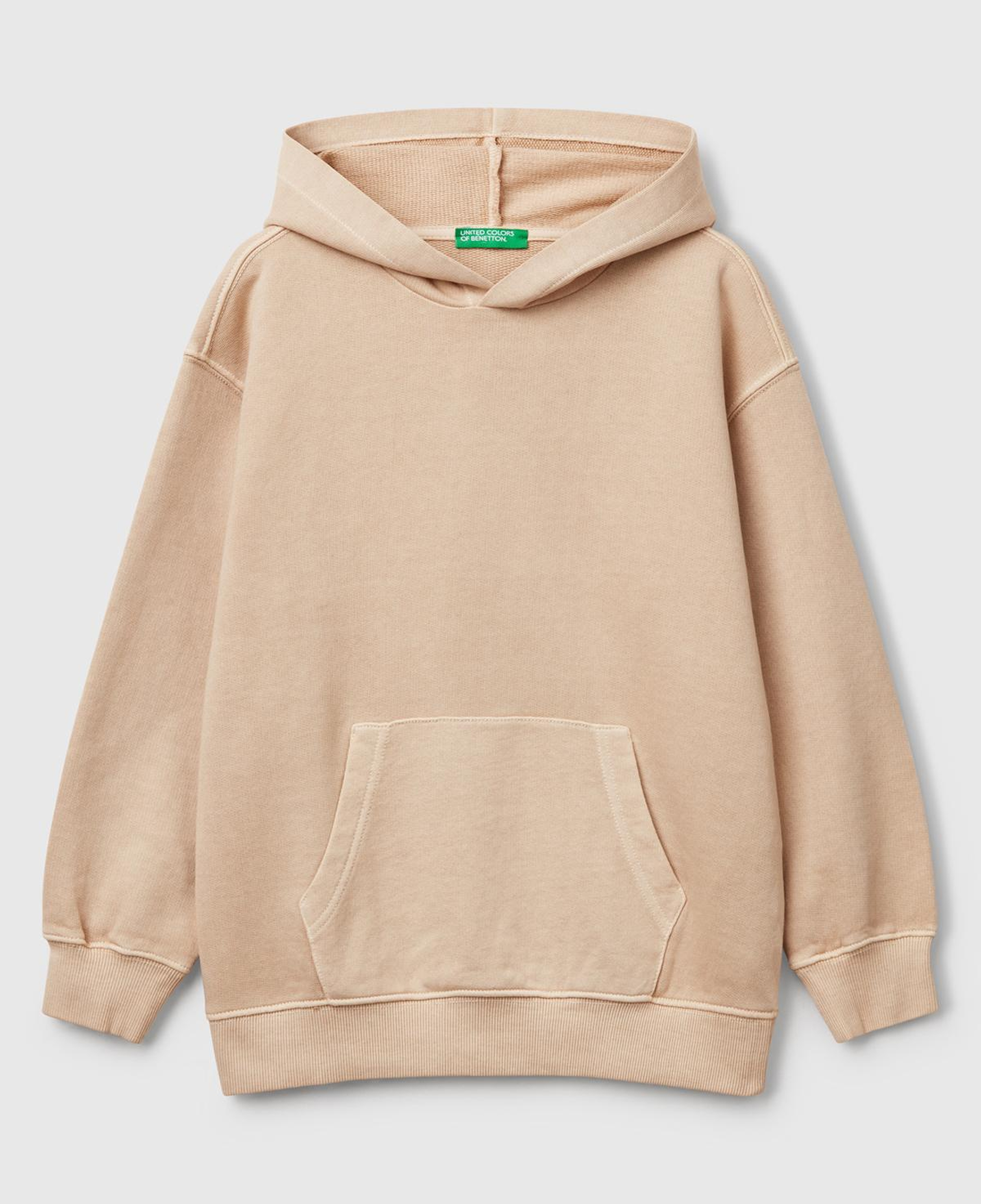 Erkek Çocuk Bej Baskılı Soluk Efektli Kese Cepli Kapüşonlu Sweatshirt