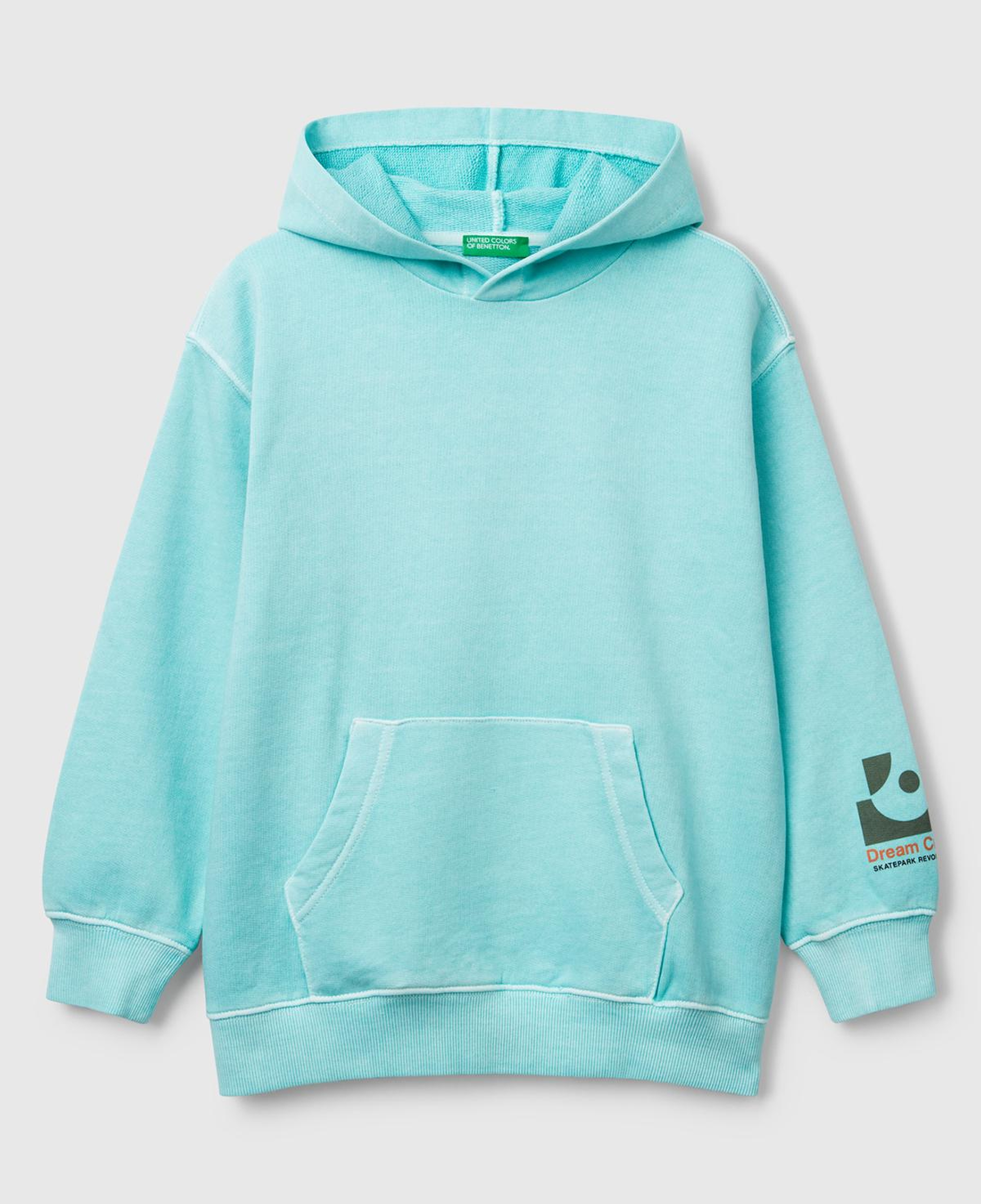 Erkek Çocuk Turkuaz Baskılı Soluk Efektli Kese Cepli Kapüşonlu Sweatshirt