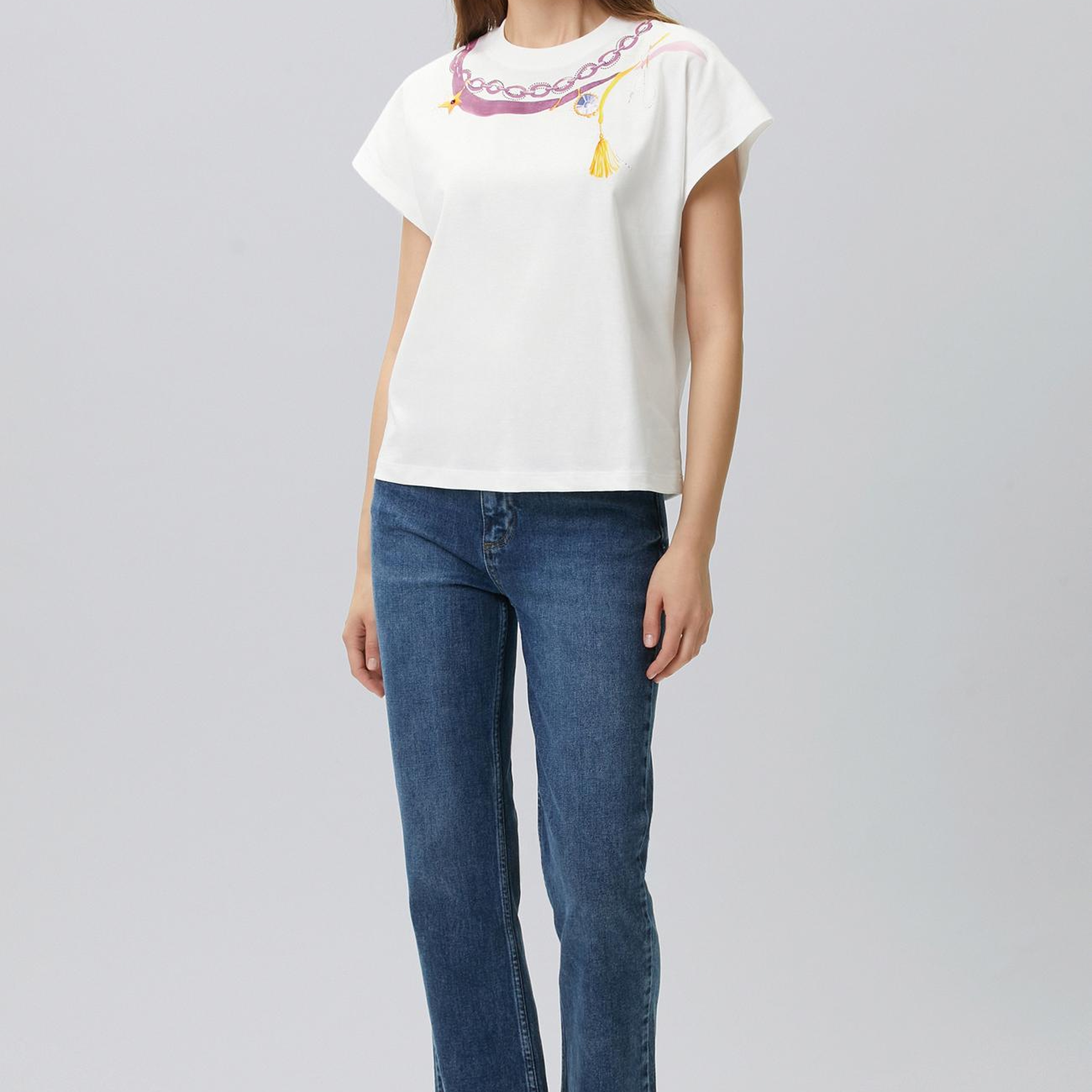 Network Kadın Kırık Beyaz Yaka Baskı Detaylı T-shirt
