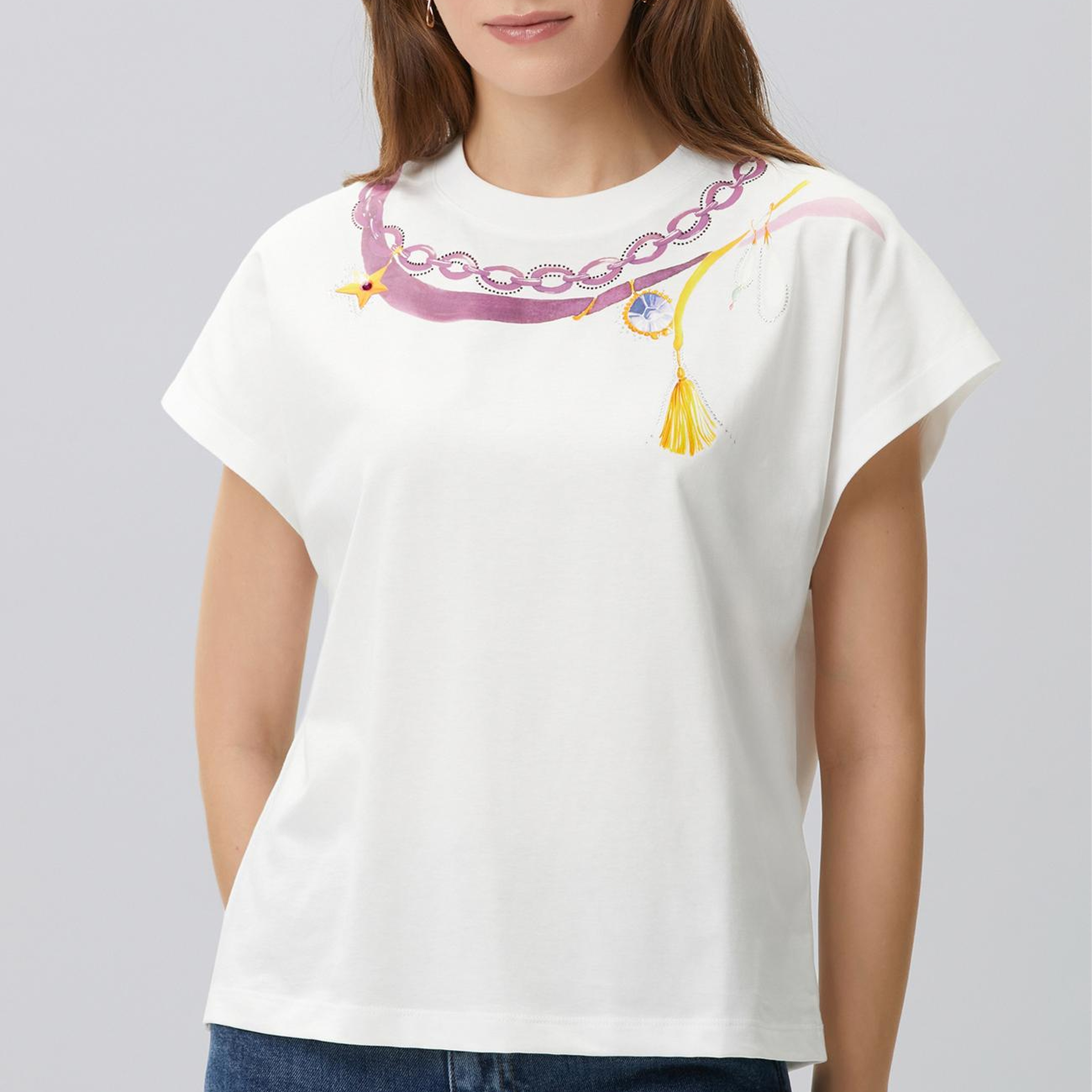Network Kadın Kırık Beyaz Yaka Baskı Detaylı T-shirt