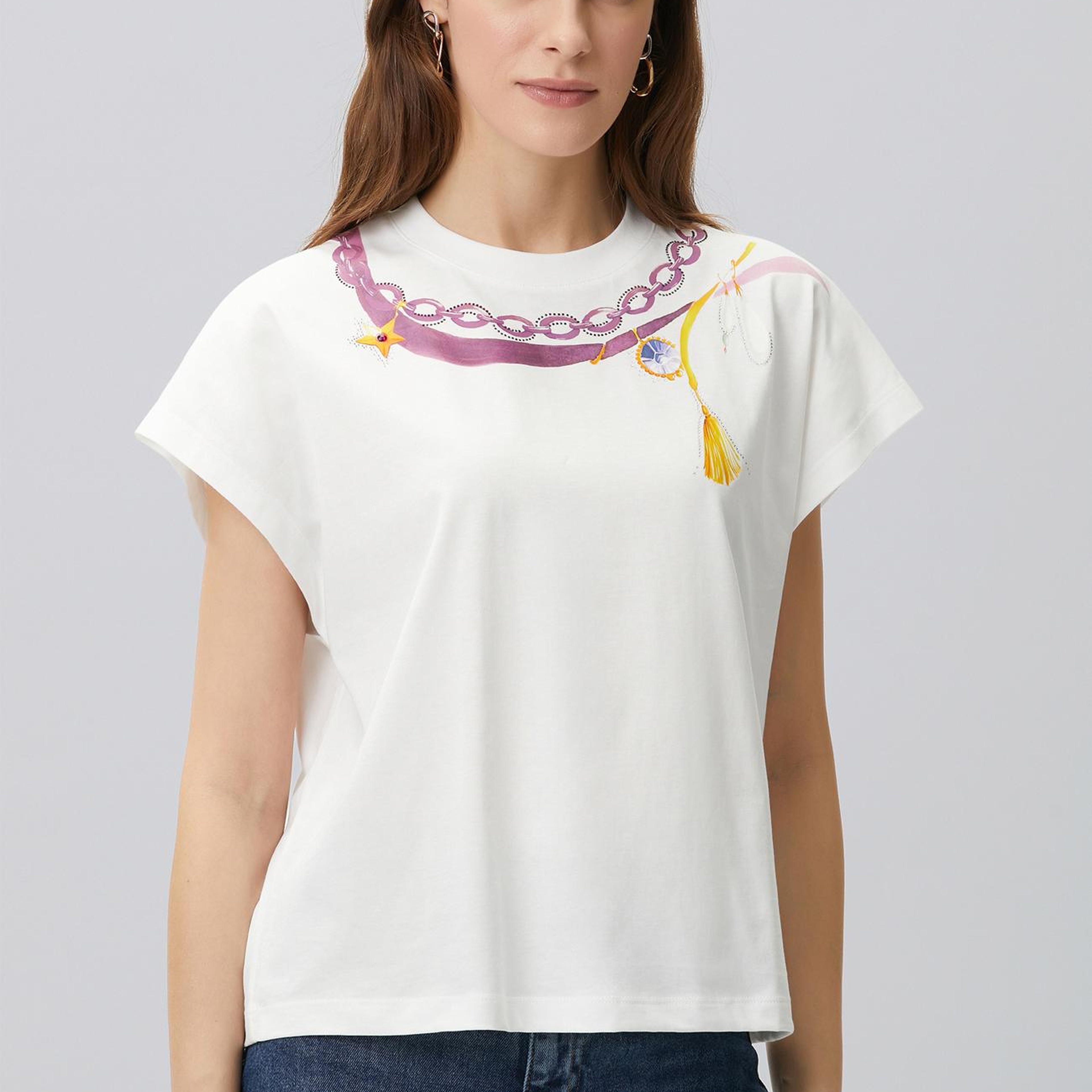 Network Kadın Kırık Beyaz Yaka Baskı Detaylı T-shirt