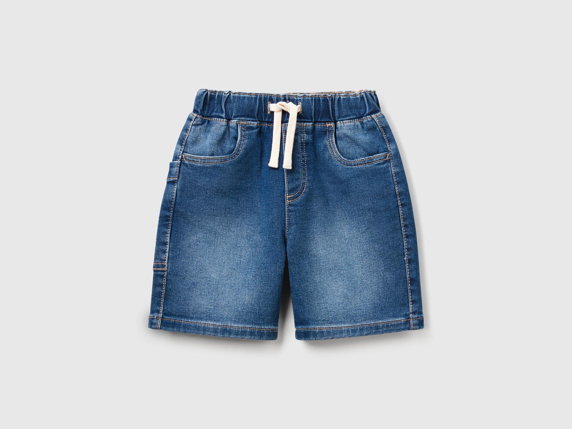 Erkek Çocuk Koyu Denim Yan Cebi Logo İşlemeli Büzgü İpli Denim Bermuda Şort