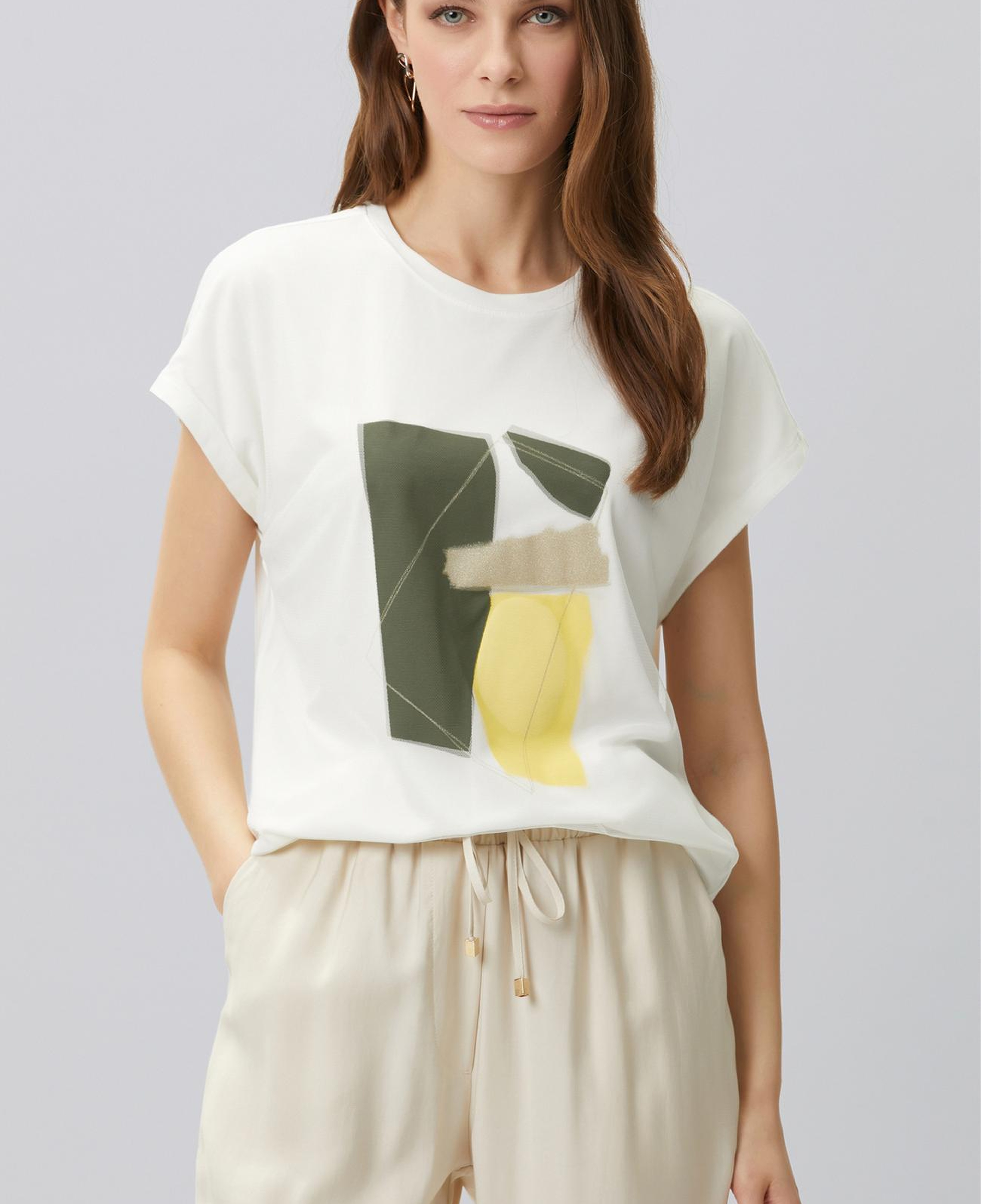 Network Kadın Kırık Beyaz Tül Garnili Baskılı T-shirt