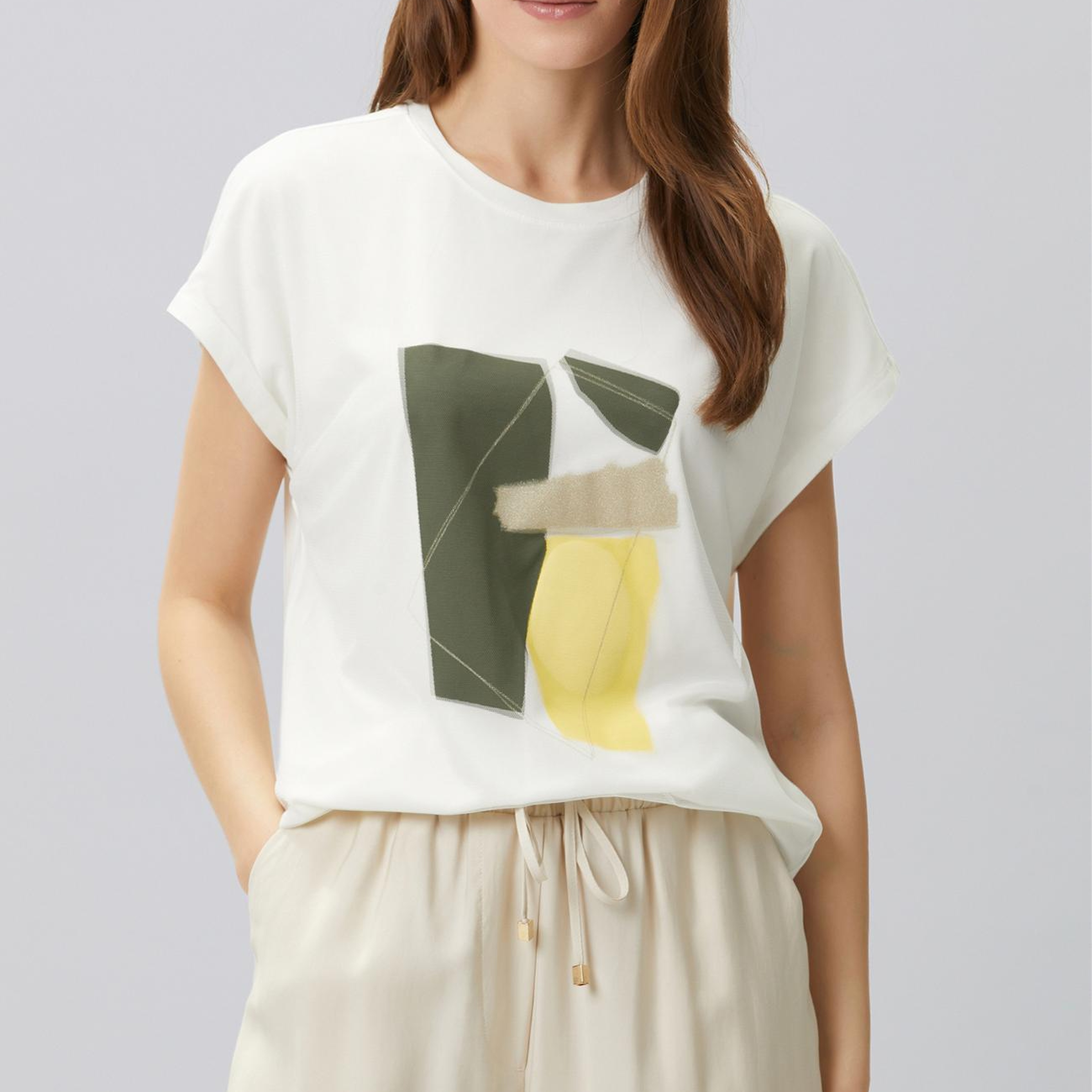 Network Kadın Kırık Beyaz Tül Garnili Baskılı T-shirt