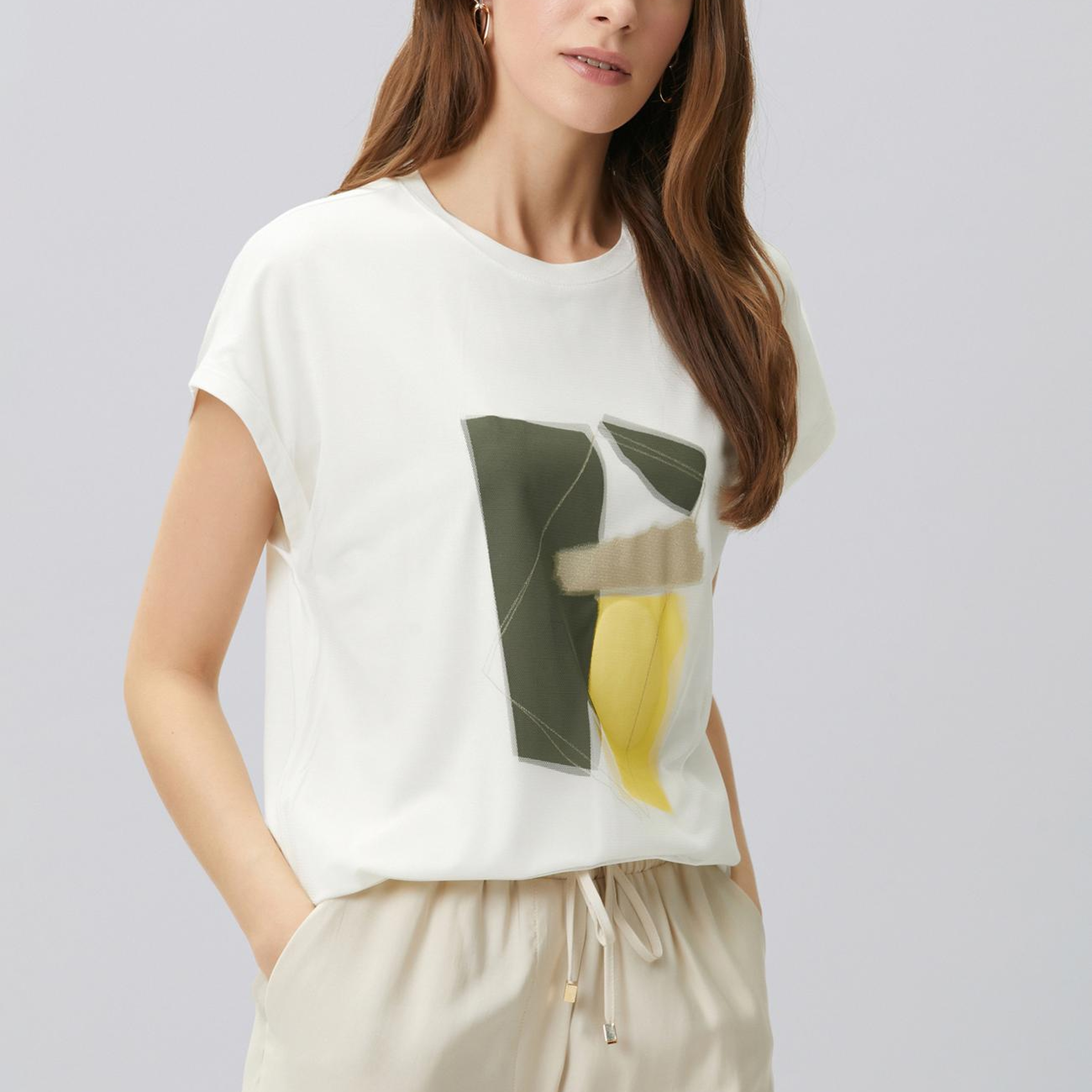 Network Kadın Kırık Beyaz Tül Garnili Baskılı T-shirt