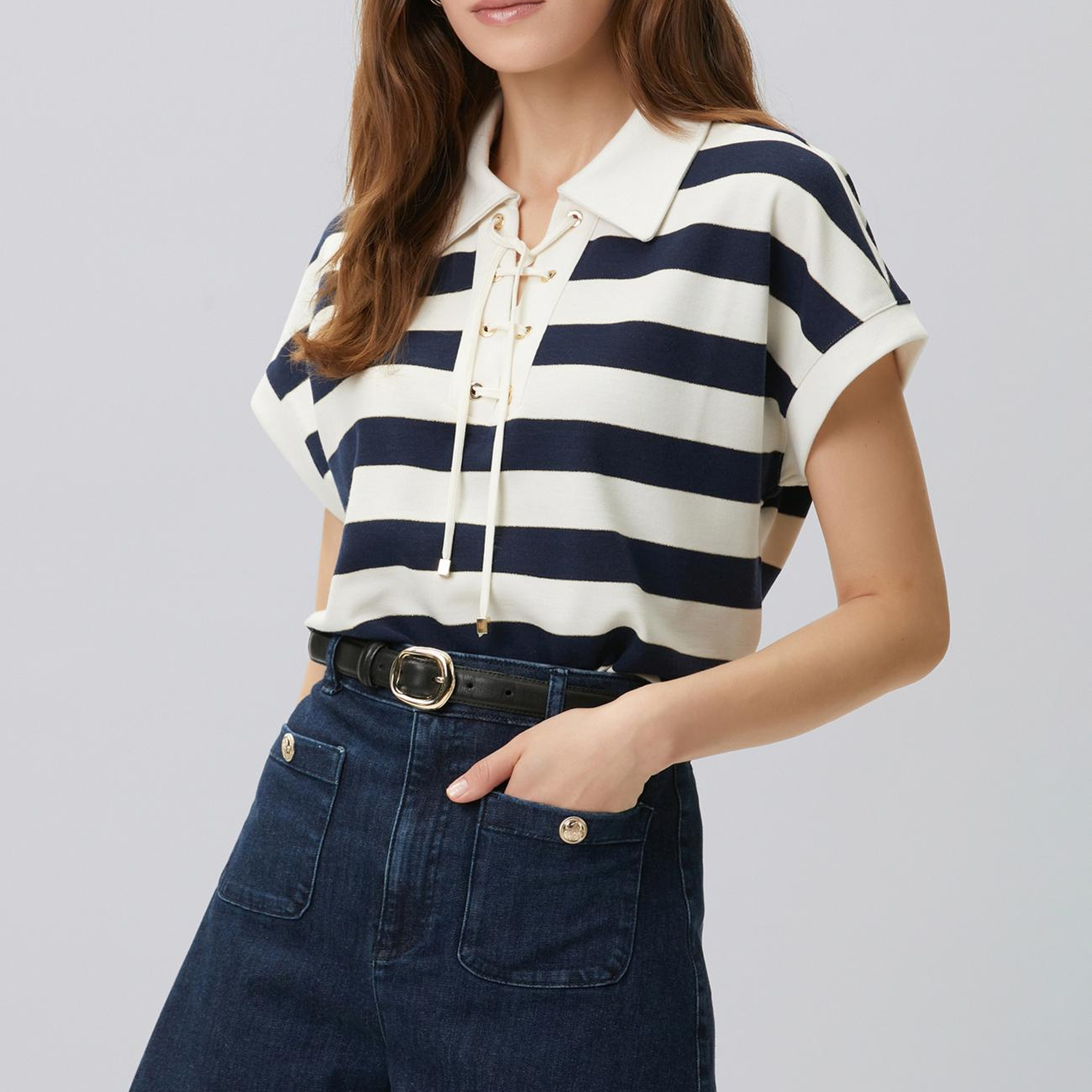 Network Kadın Lacivert Beyaz Çizgili Bağcıklı Polo T-shirt