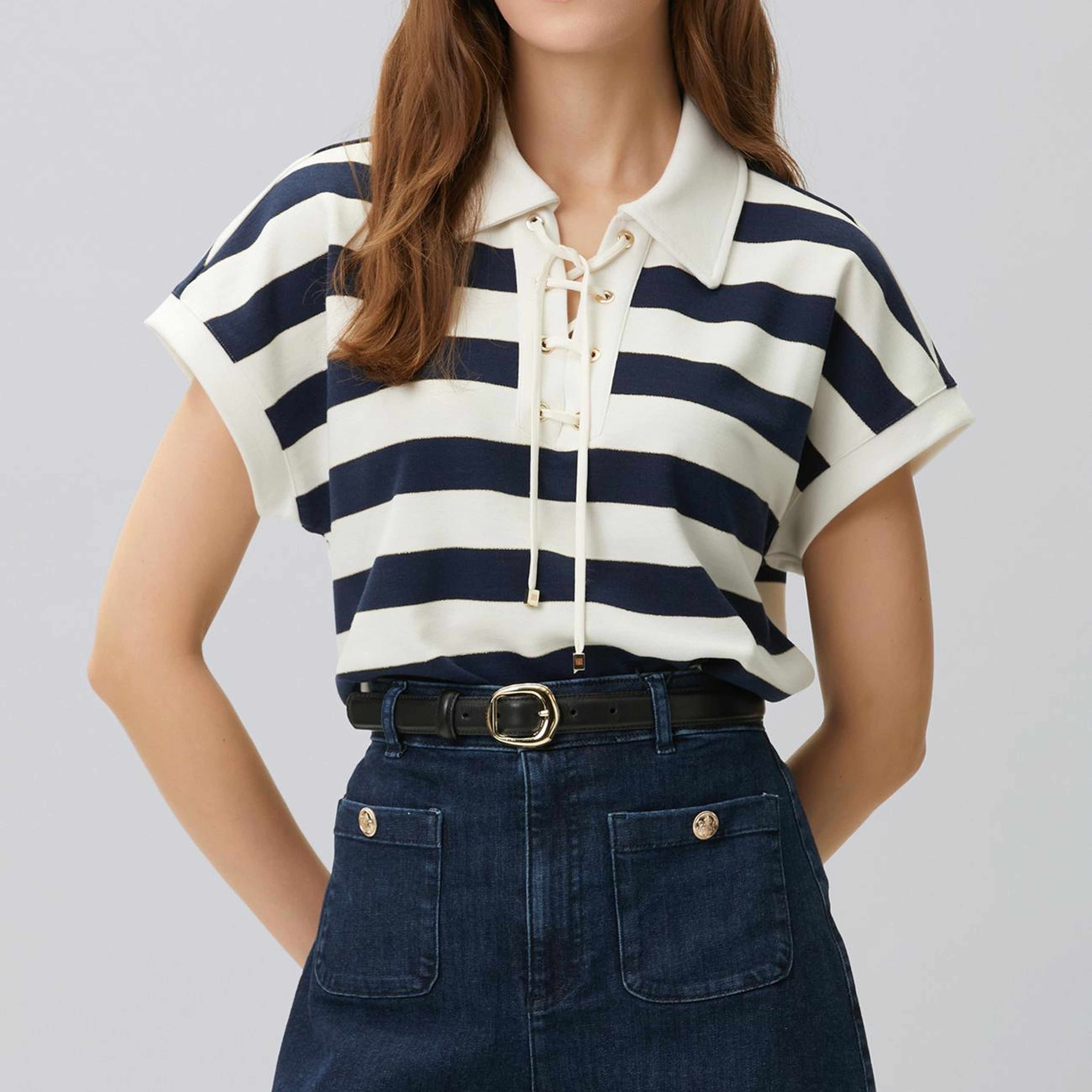 Network Kadın Lacivert Beyaz Çizgili Bağcıklı Polo T-shirt
