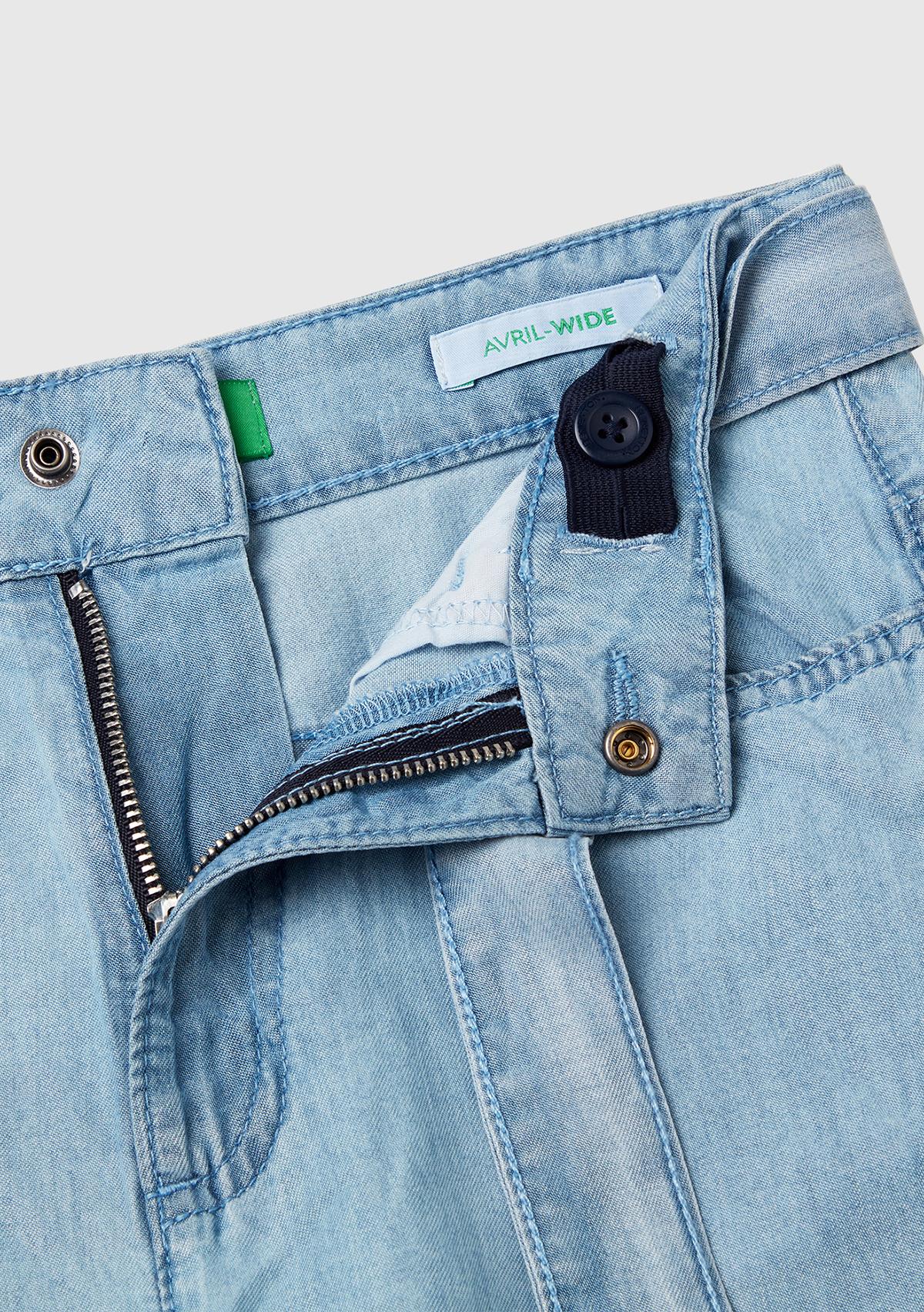 Kız Çocuk Açık Denim %100 Liyosel Beli Kuşaklı Wide Fit Denim Jean